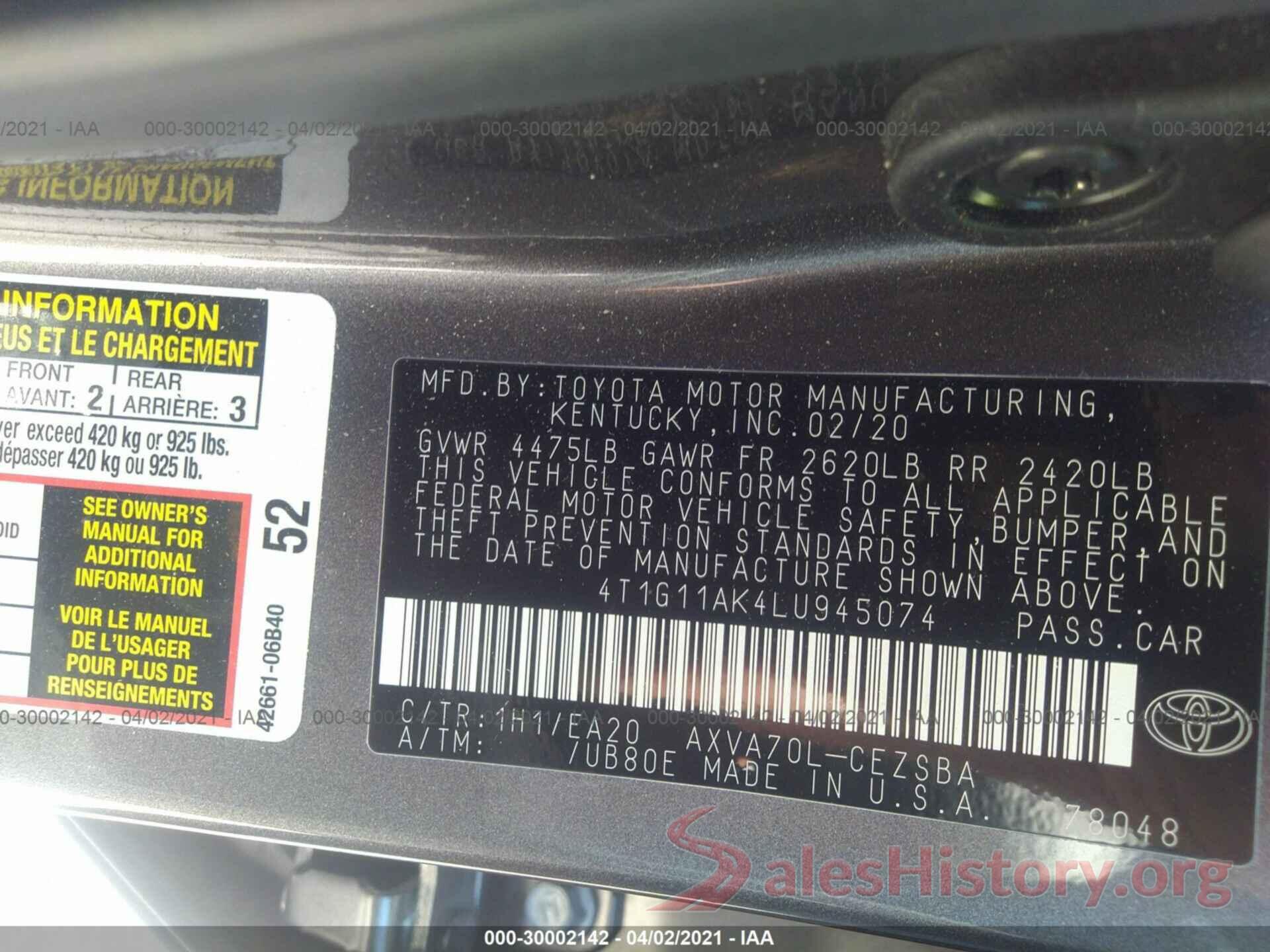 4T1G11AK4LU945074 2020 TOYOTA CAMRY