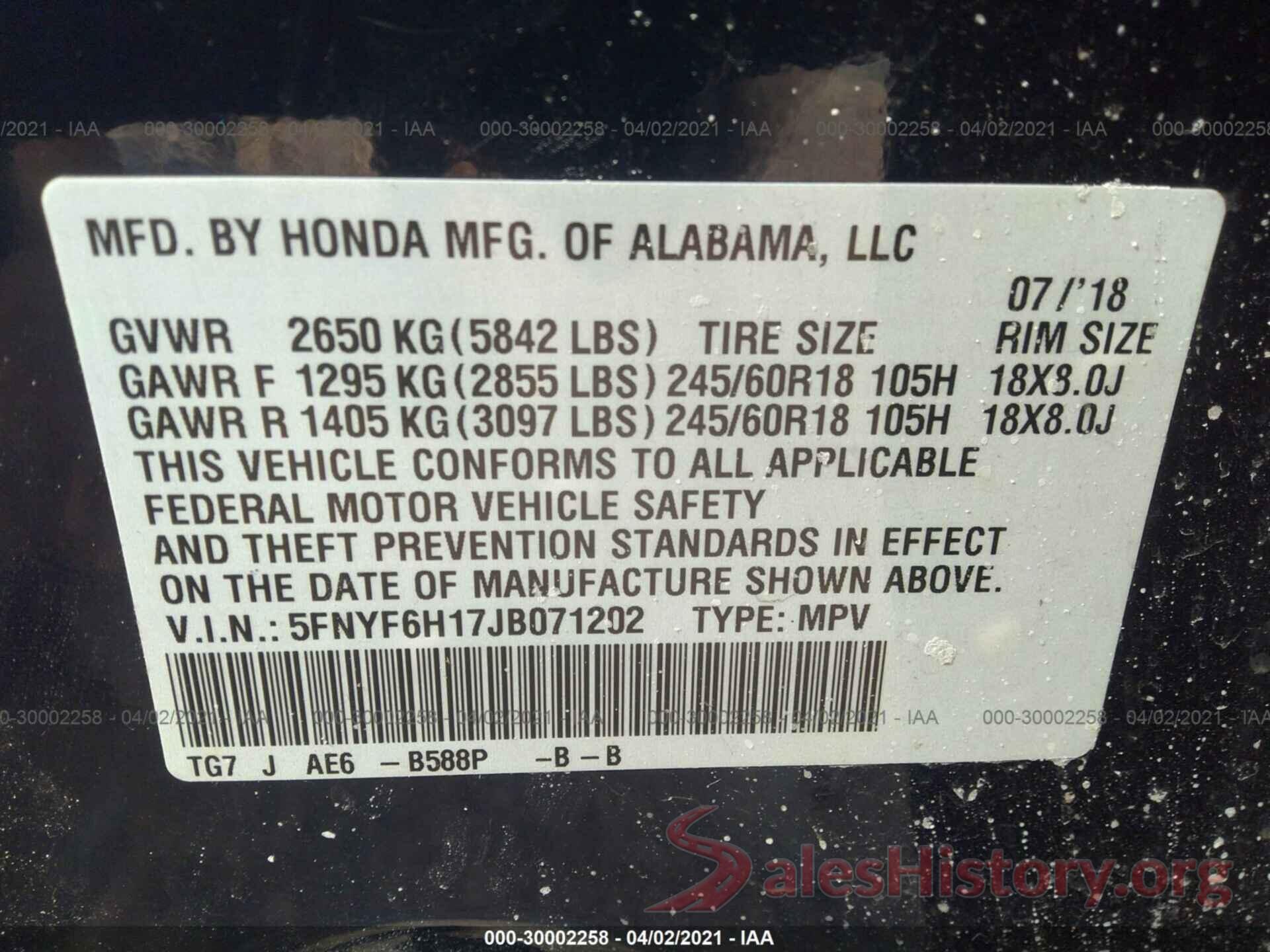 5FNYF6H17JB071202 2018 HONDA PILOT