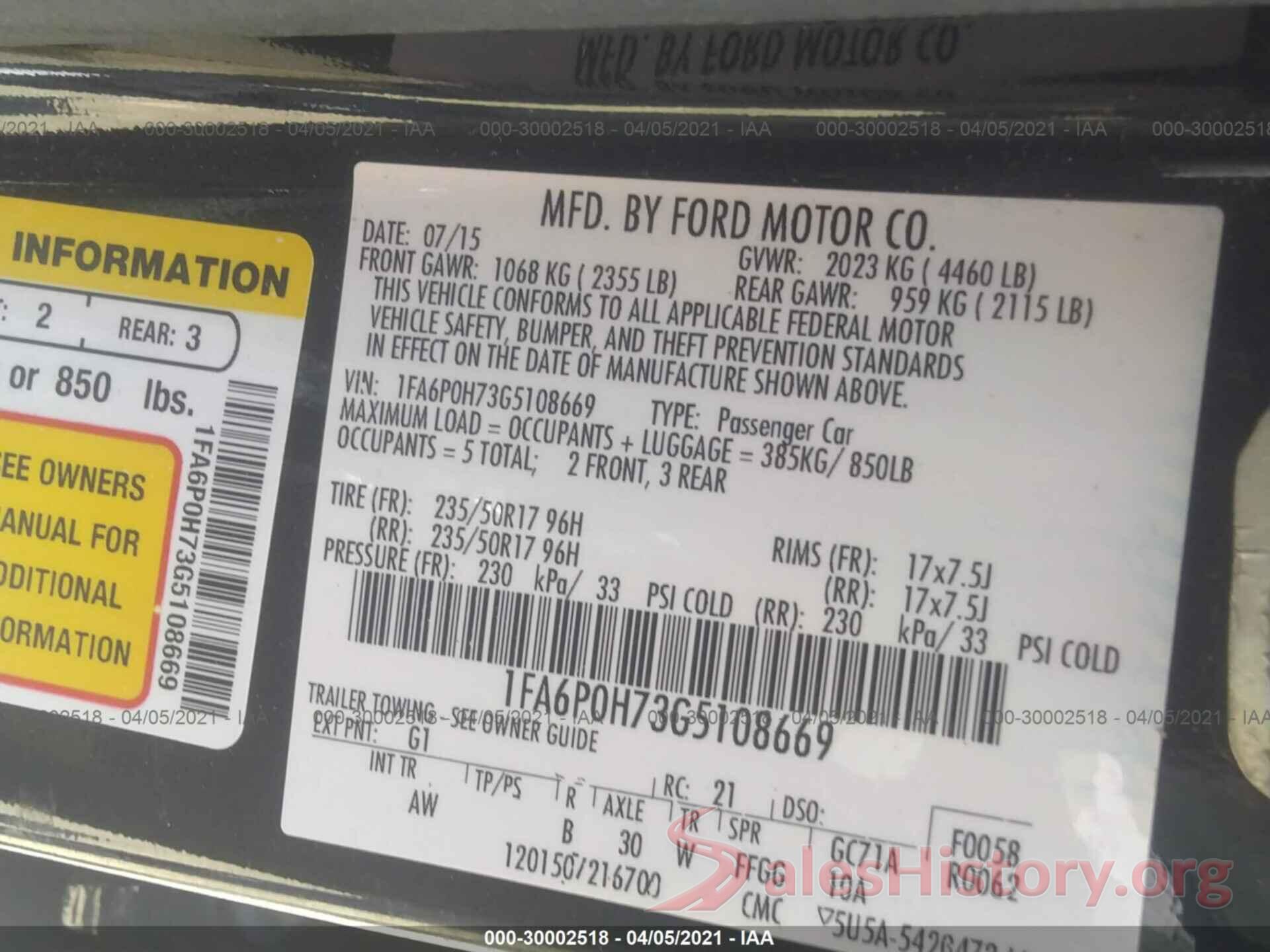 1FA6P0H73G5108669 2016 FORD FUSION