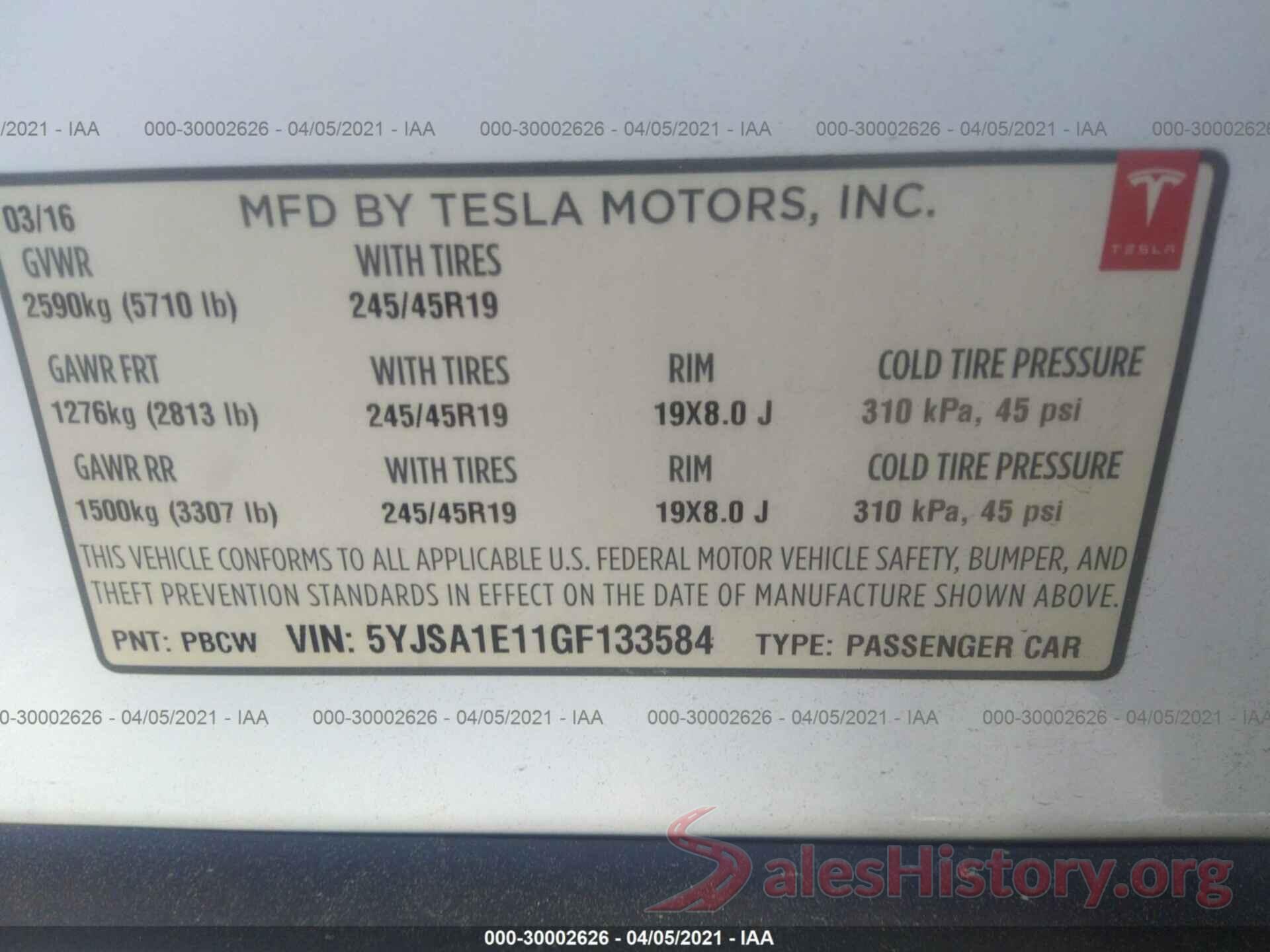 5YJSA1E11GF133584 2016 TESLA MODEL S