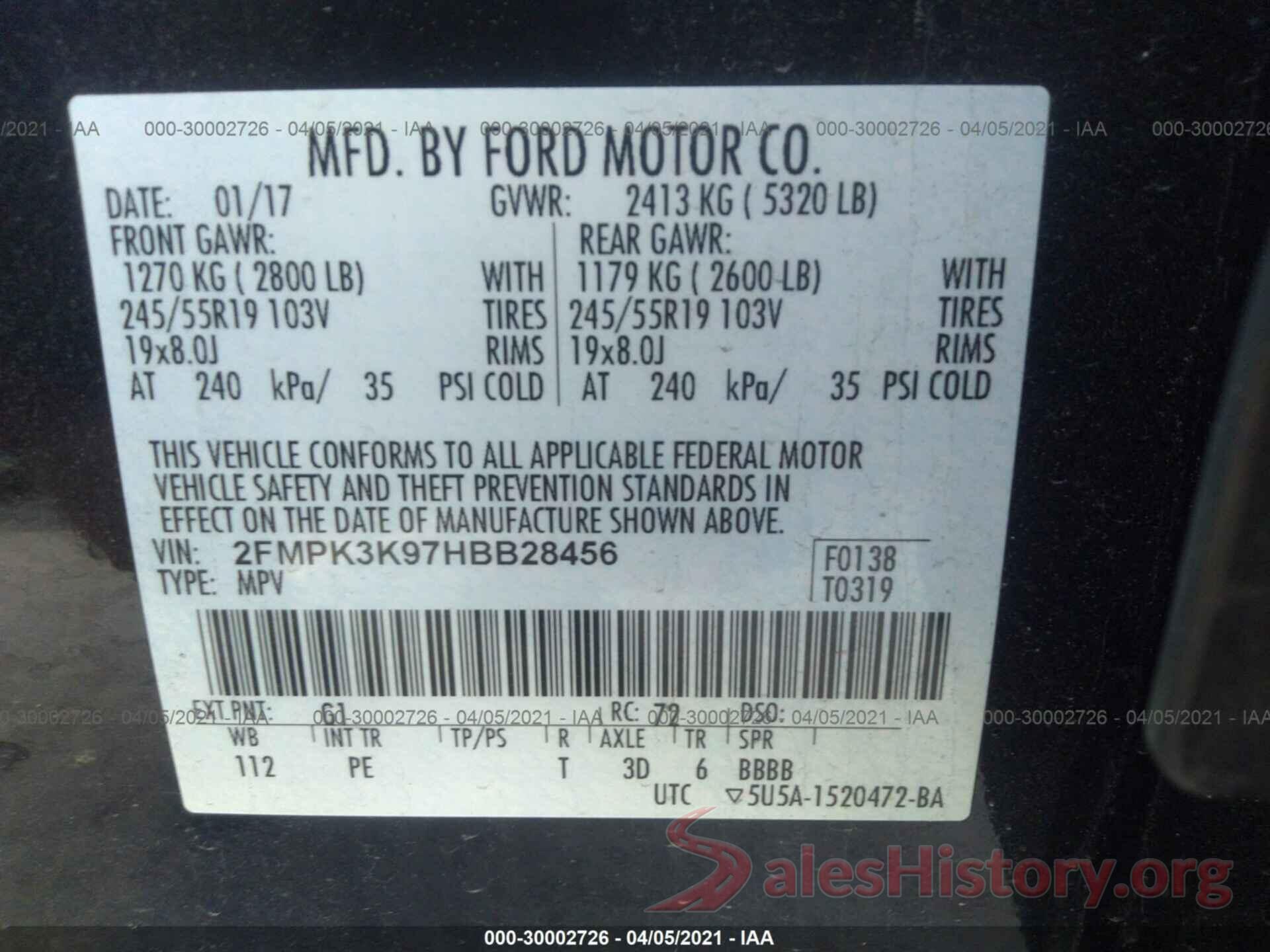 2FMPK3K97HBB28456 2017 FORD EDGE