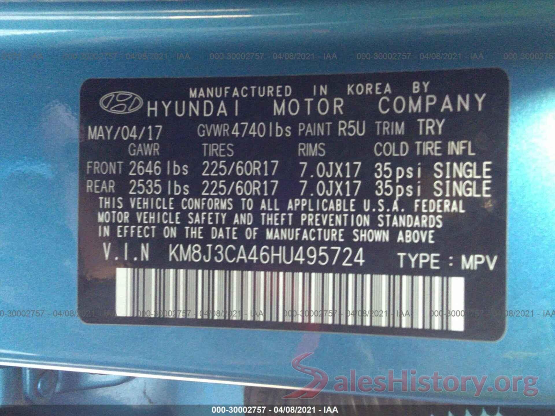 KM8J3CA46HU495724 2017 HYUNDAI TUCSON