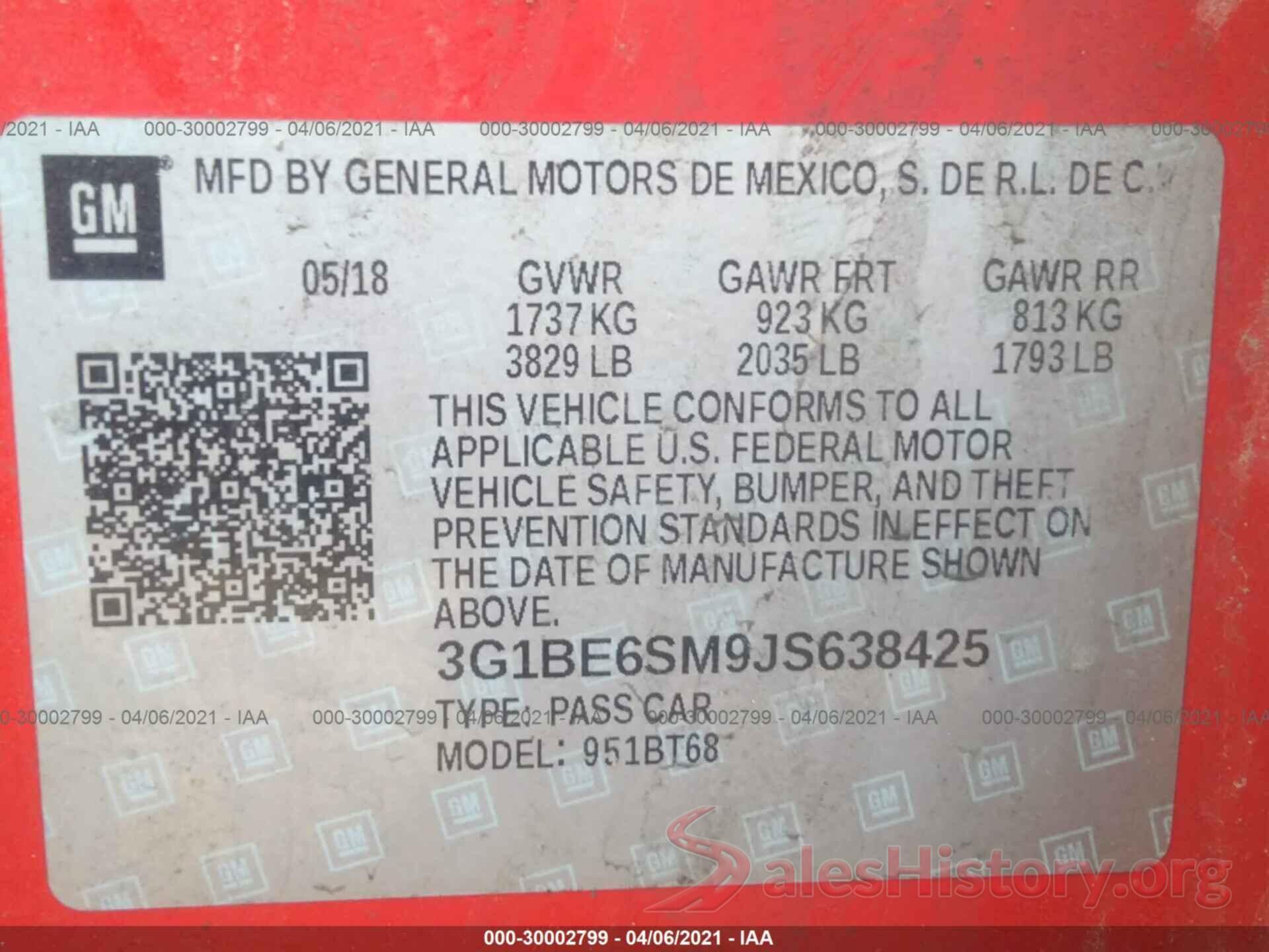 3G1BE6SM9JS638425 2018 CHEVROLET CRUZE