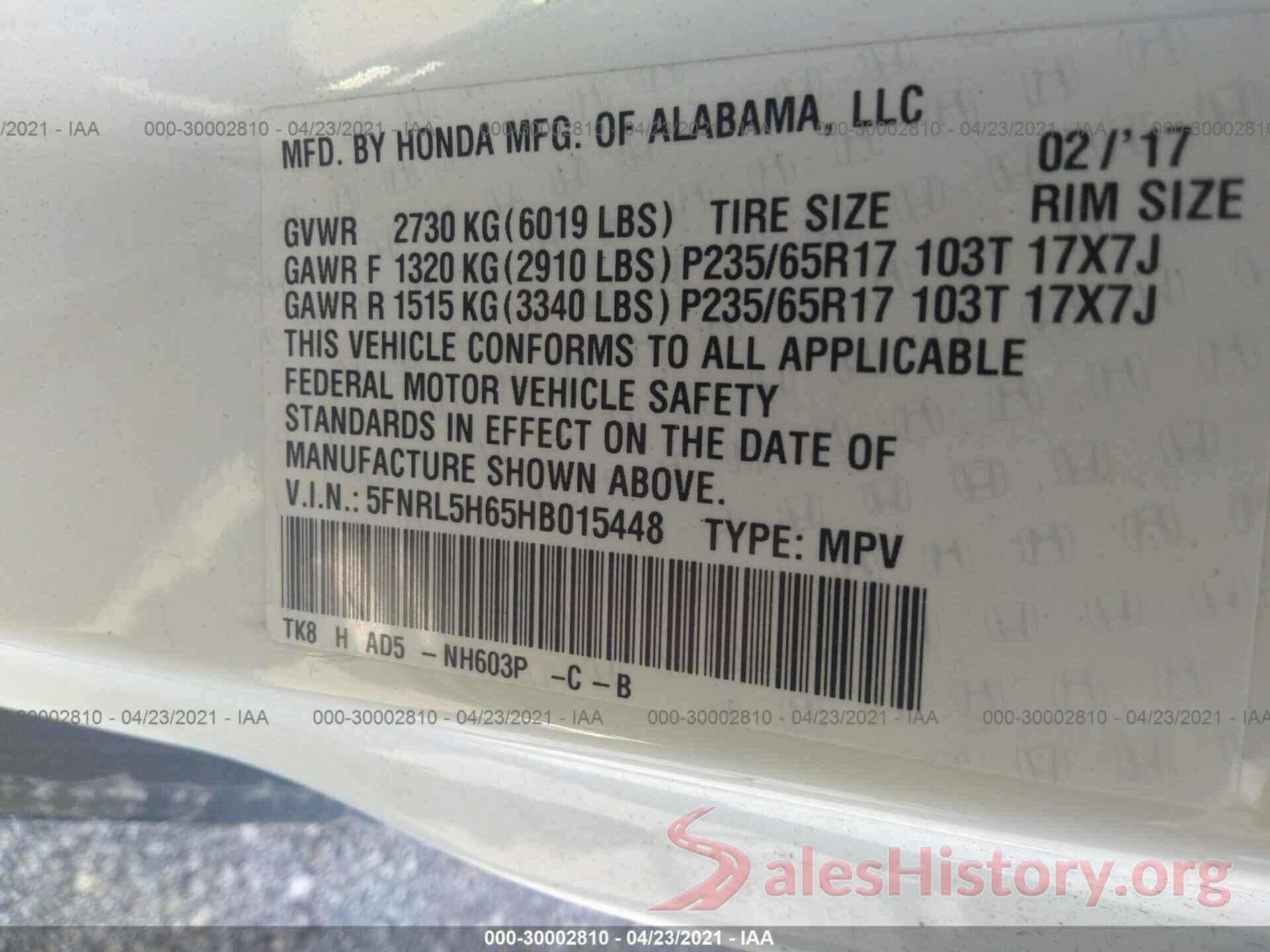 5FNRL5H65HB015448 2017 HONDA ODYSSEY