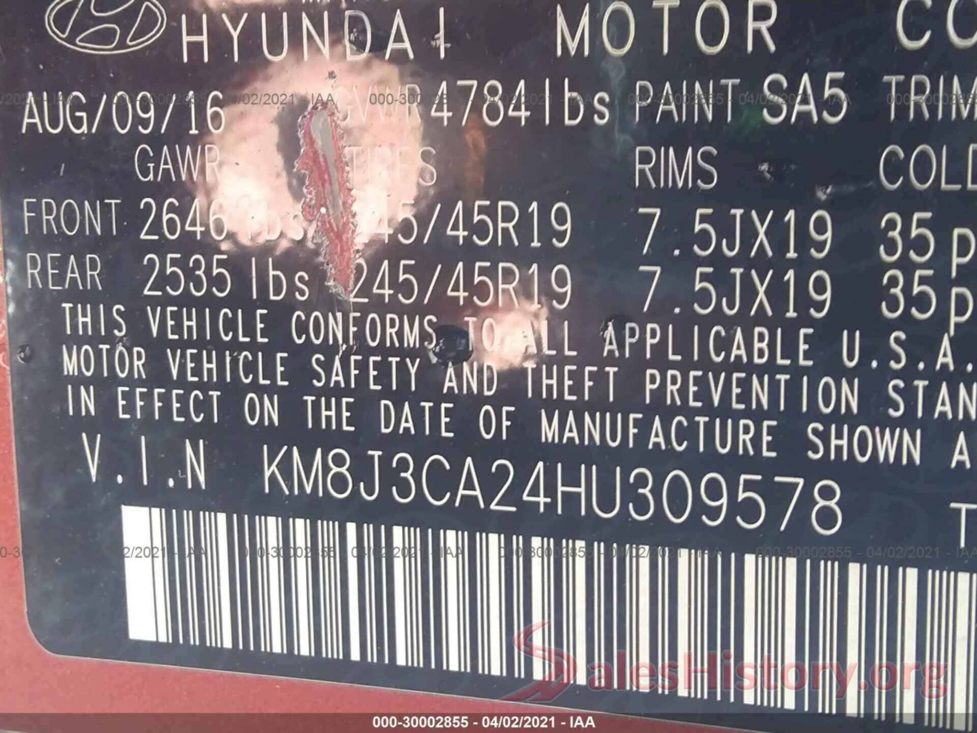 KM8J3CA24HU309578 2017 HYUNDAI TUCSON