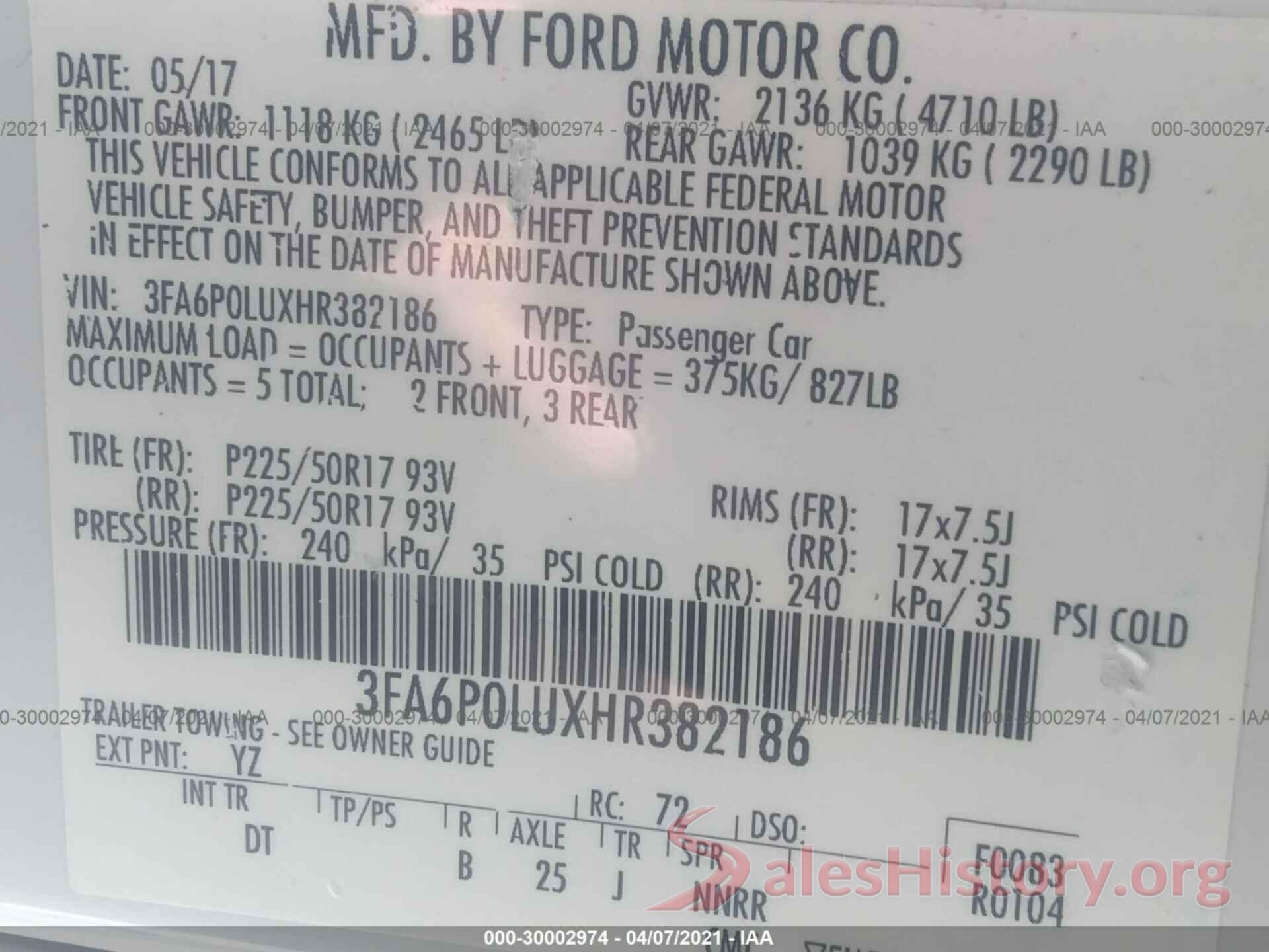 3FA6P0LUXHR382186 2017 FORD FUSION