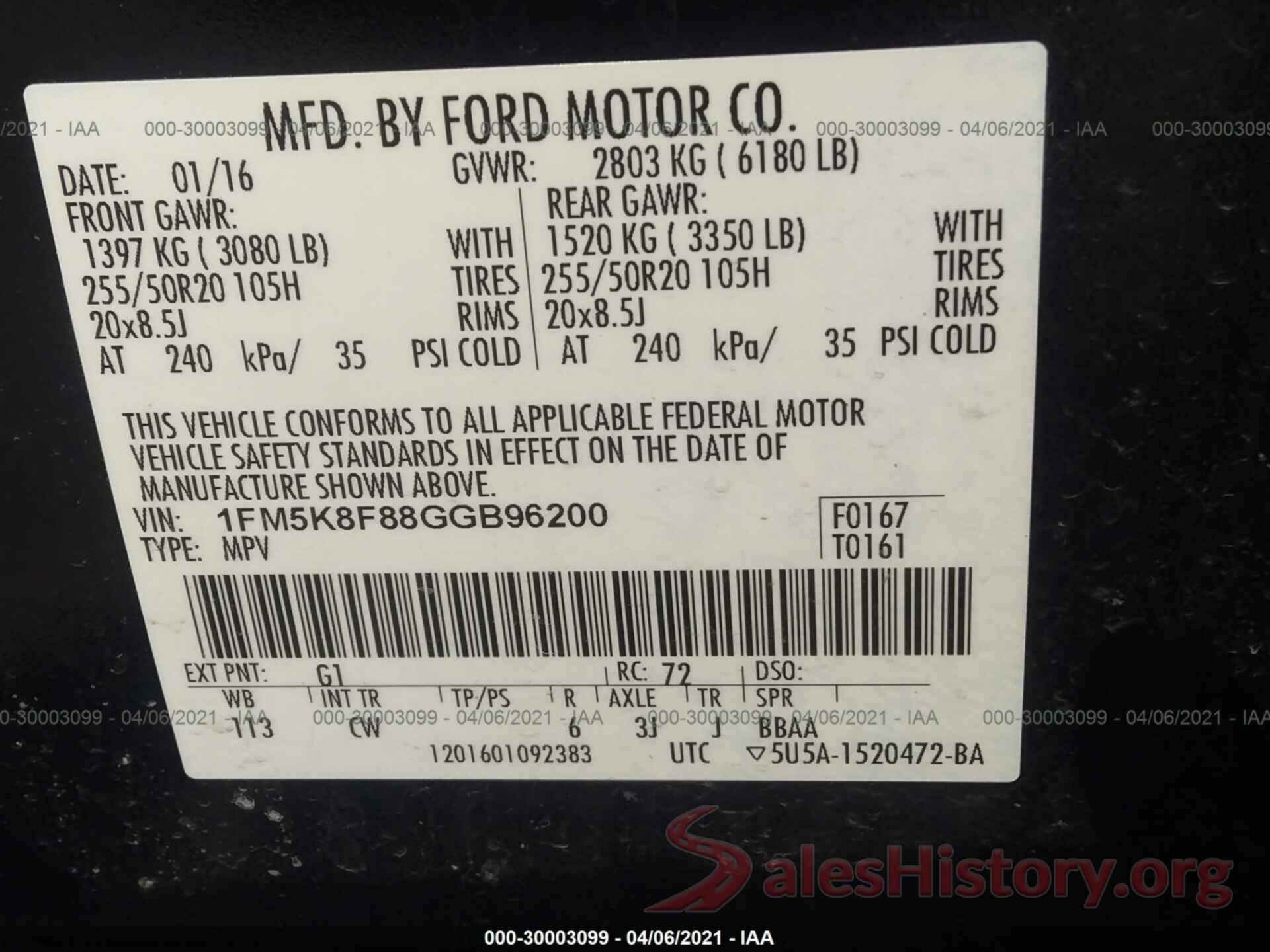 1FM5K8F88GGB96200 2016 FORD EXPLORER