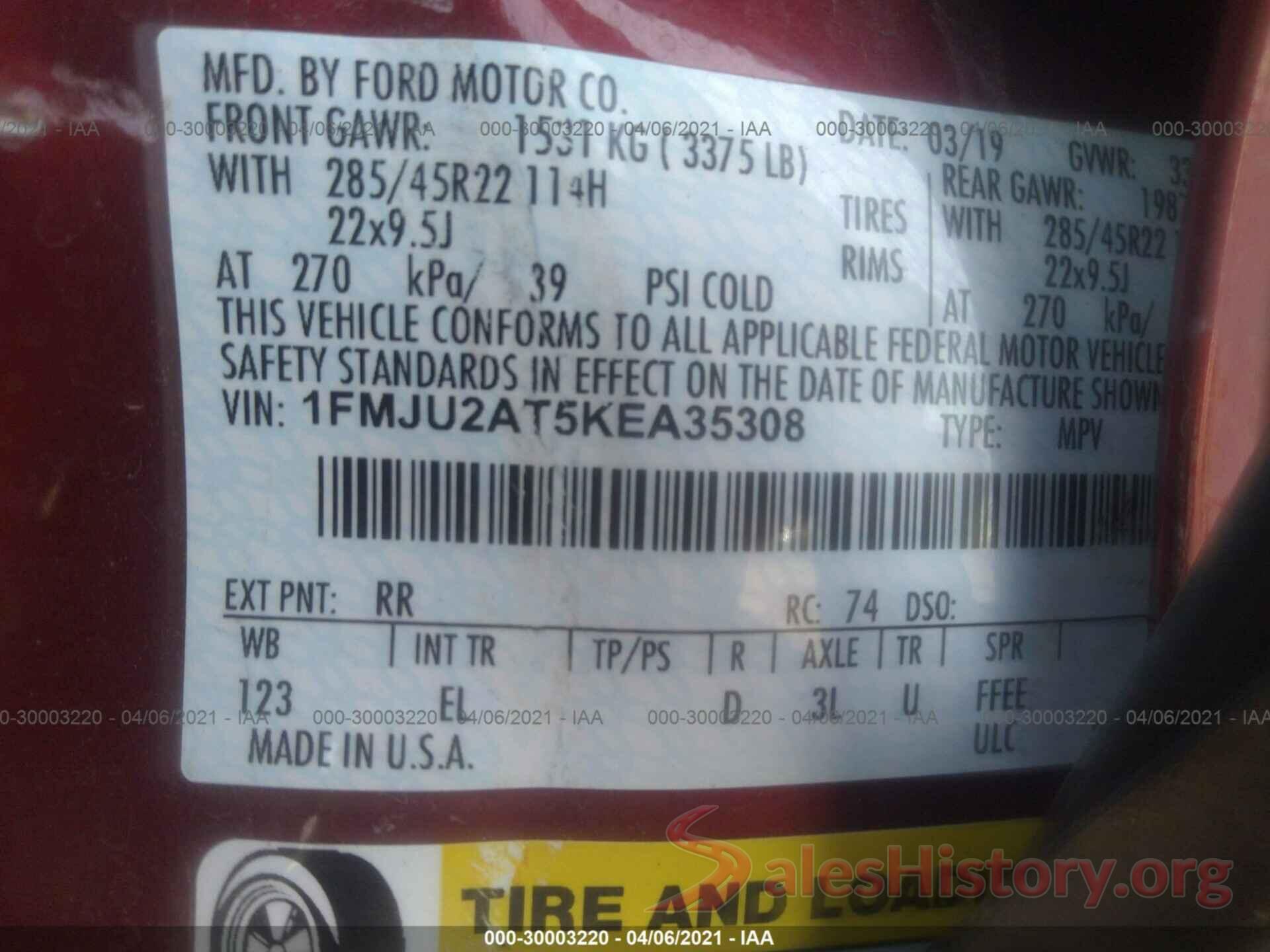 1FMJU2AT5KEA35308 2019 FORD EXPEDITION