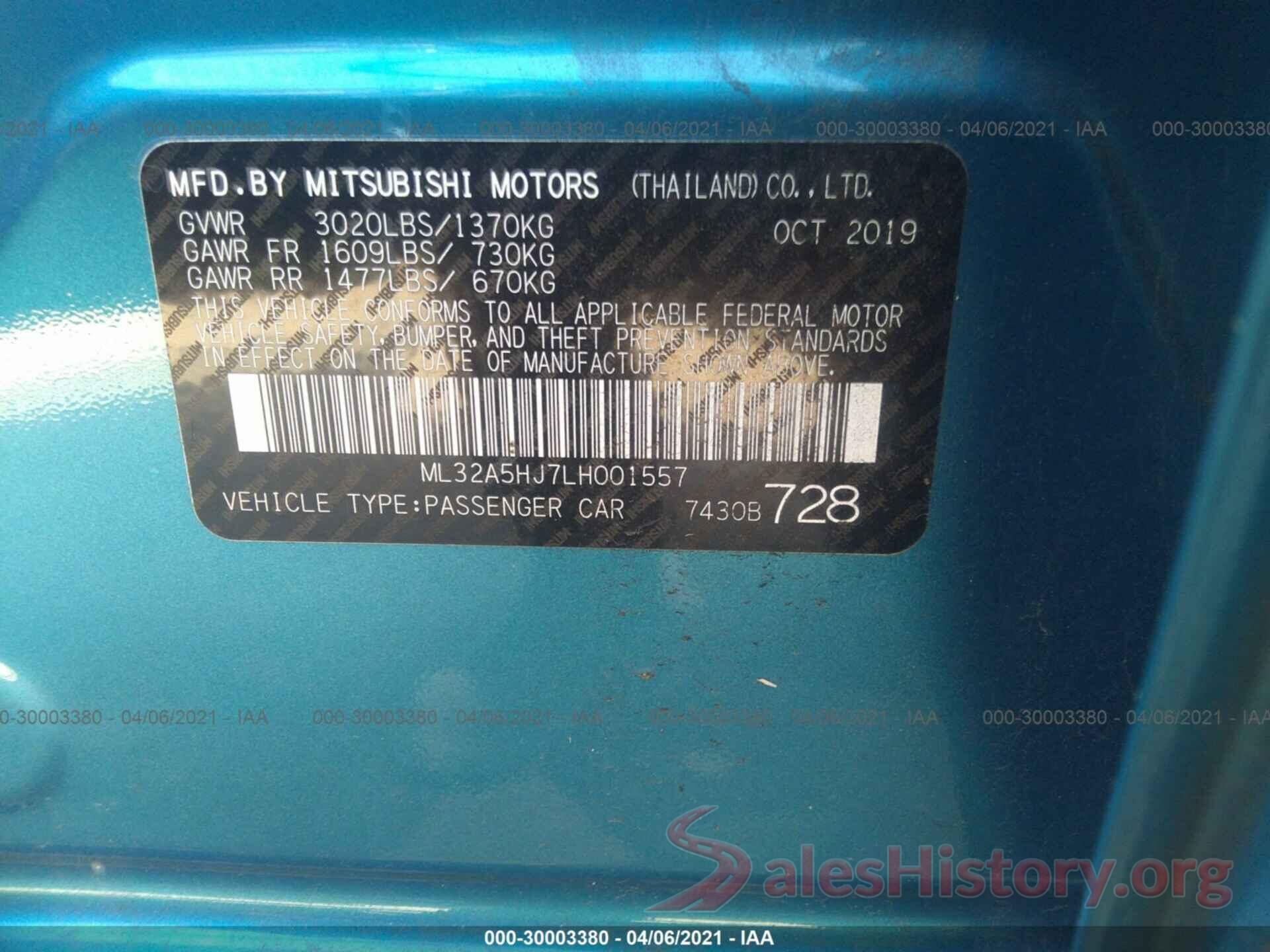 ML32A5HJ7LH001557 2020 MITSUBISHI MIRAGE