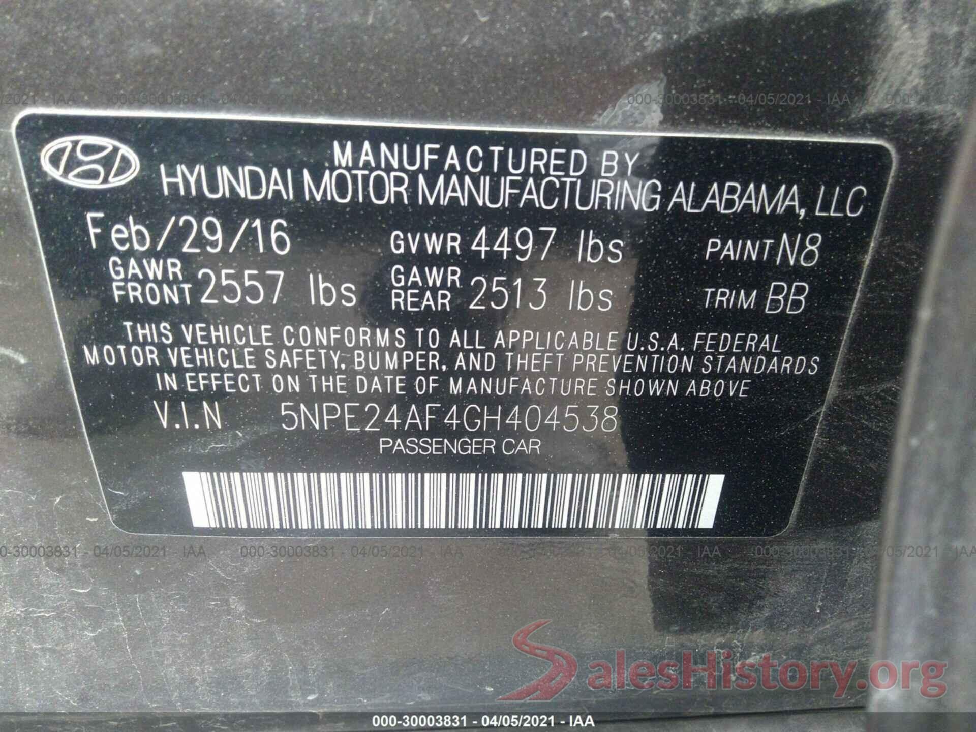 5NPE24AF4GH404538 2016 HYUNDAI SONATA