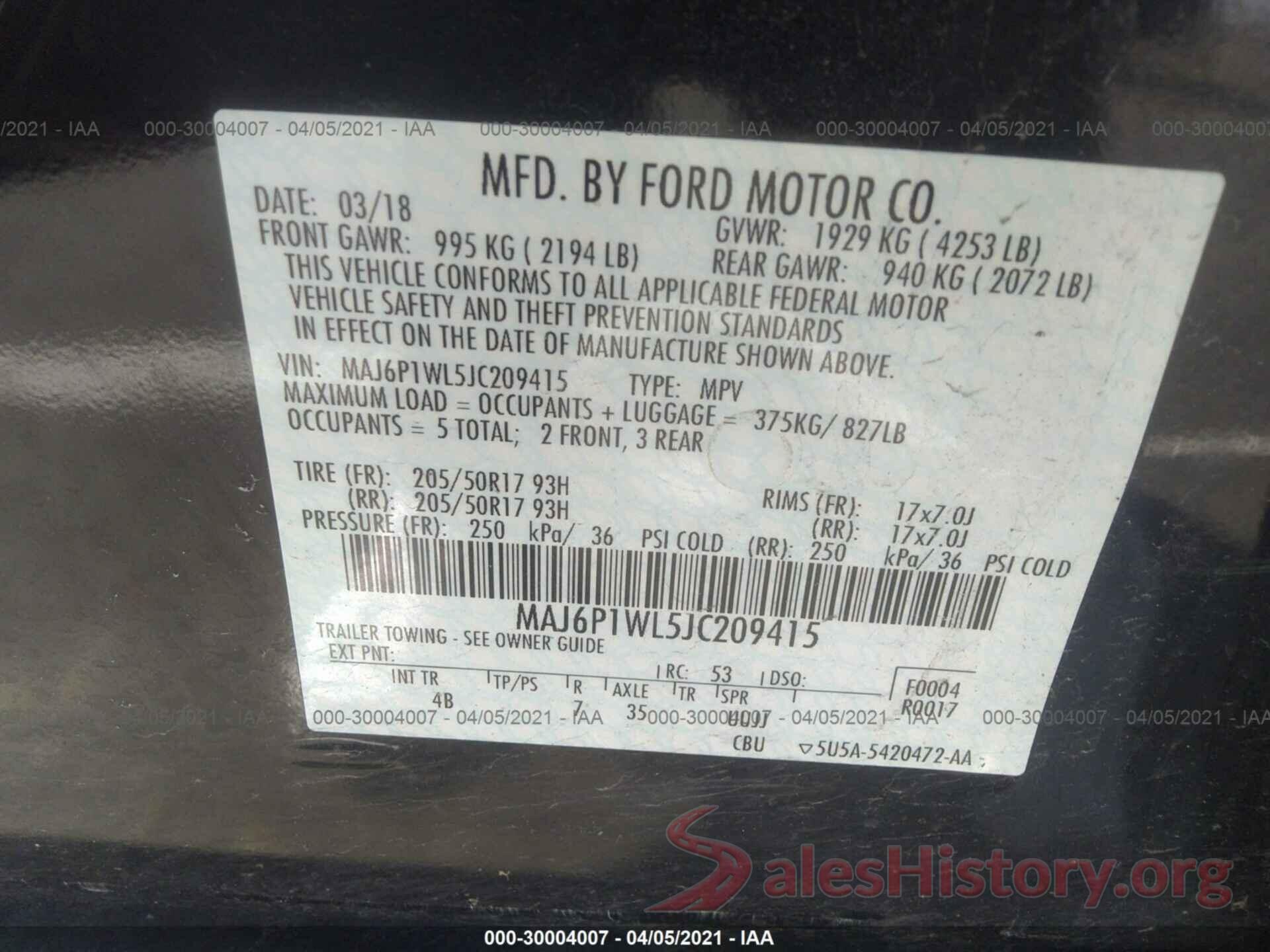 MAJ6P1WL5JC209415 2018 FORD ECOSPORT