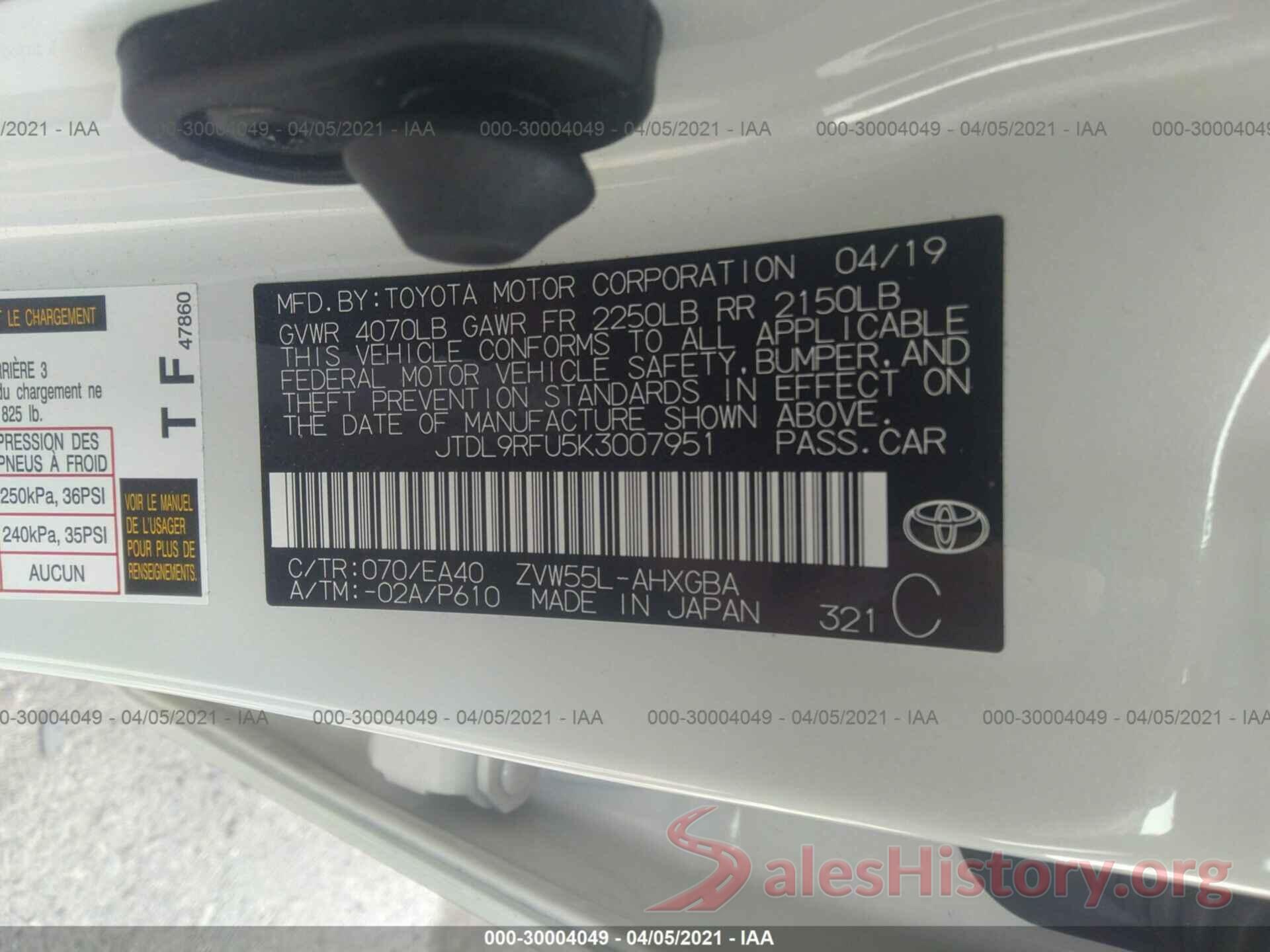 JTDL9RFU5K3007951 2019 TOYOTA PRIUS