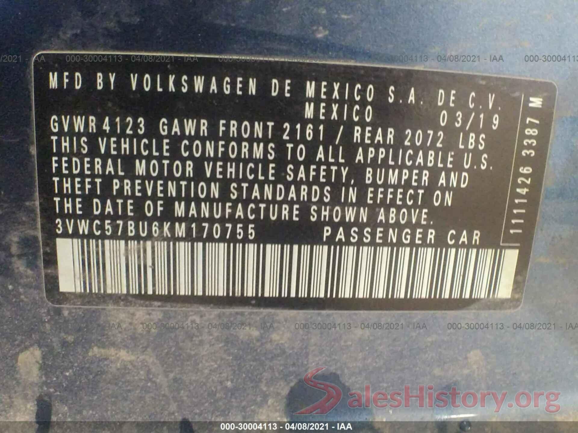 3VWC57BU6KM170755 2019 VOLKSWAGEN JETTA