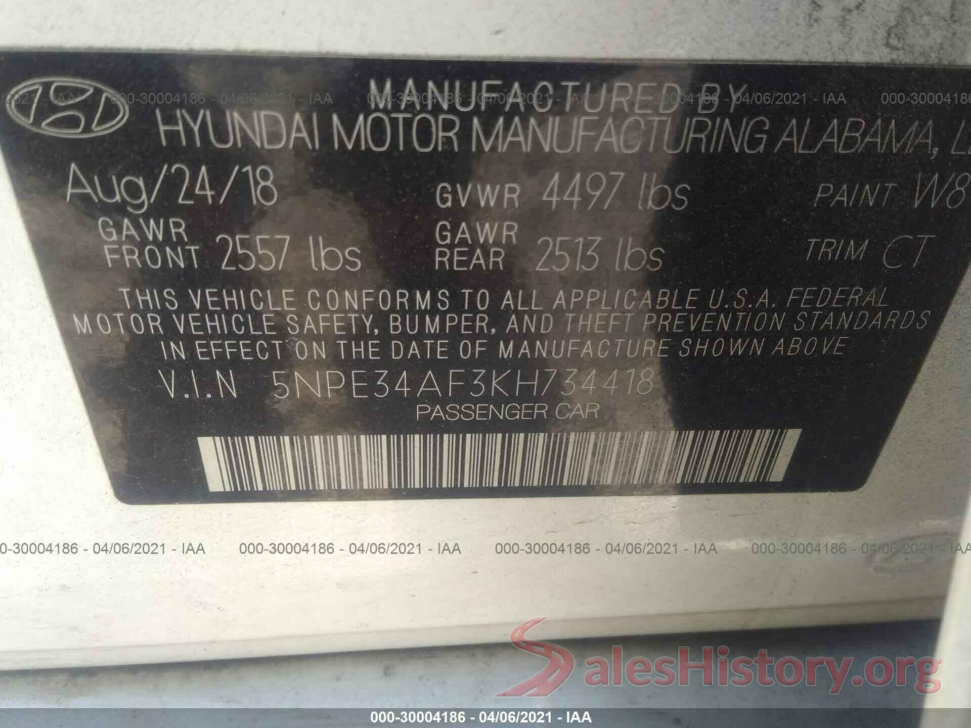 5NPE34AF3KH734418 2019 HYUNDAI SONATA