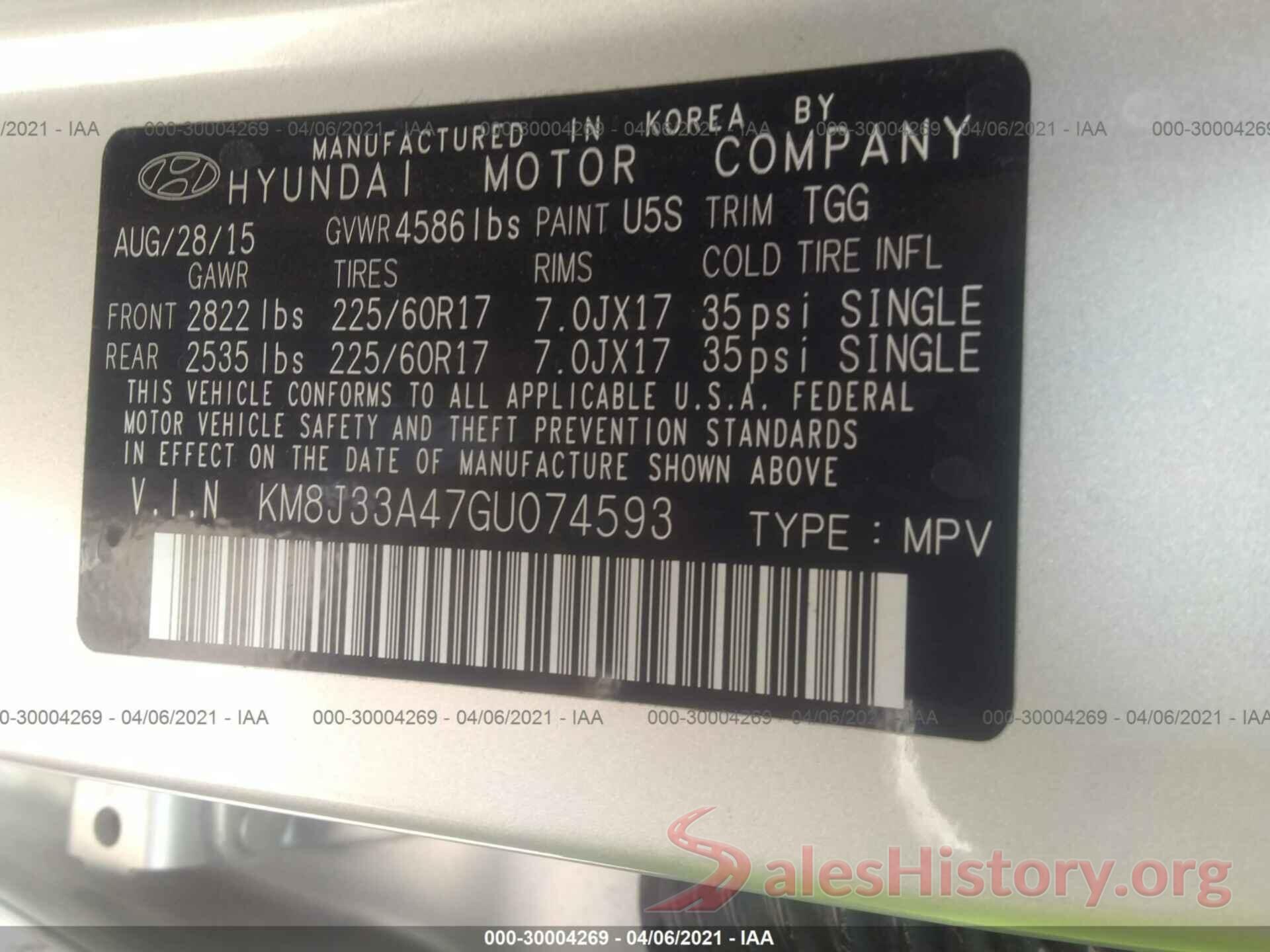 KM8J33A47GU074593 2016 HYUNDAI TUCSON