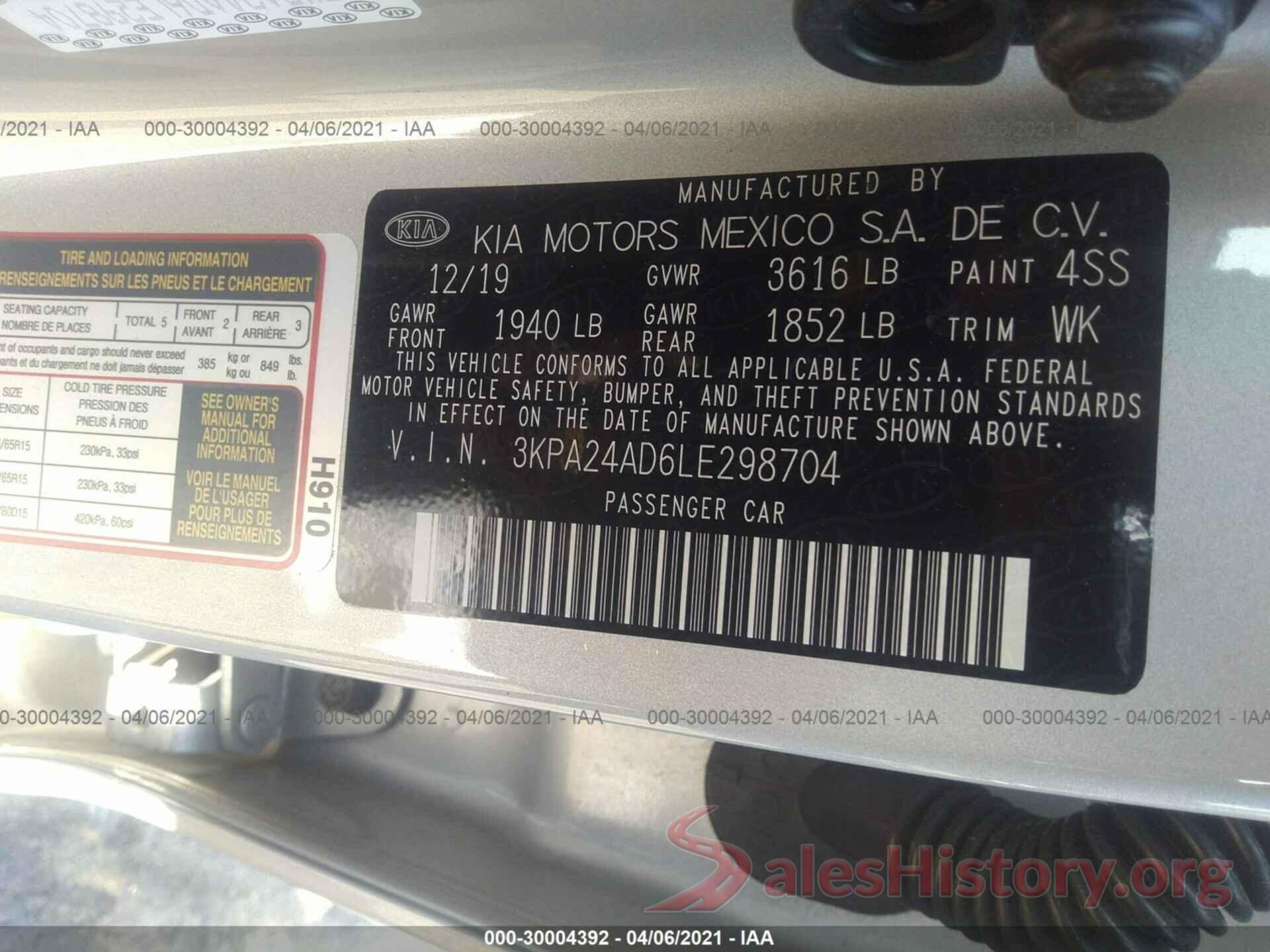 3KPA24AD6LE298704 2020 KIA RIO