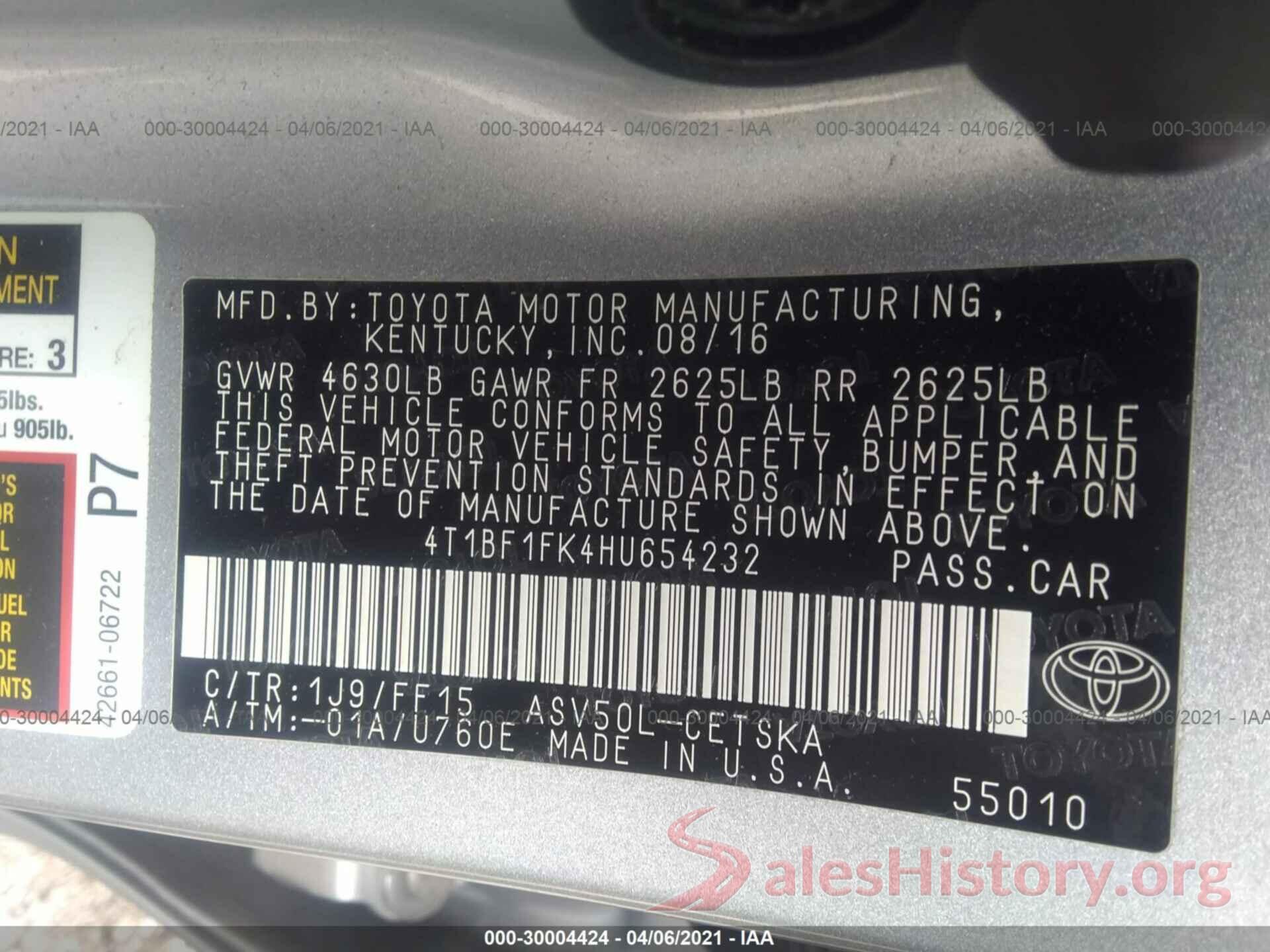 4T1BF1FK4HU654232 2017 TOYOTA CAMRY