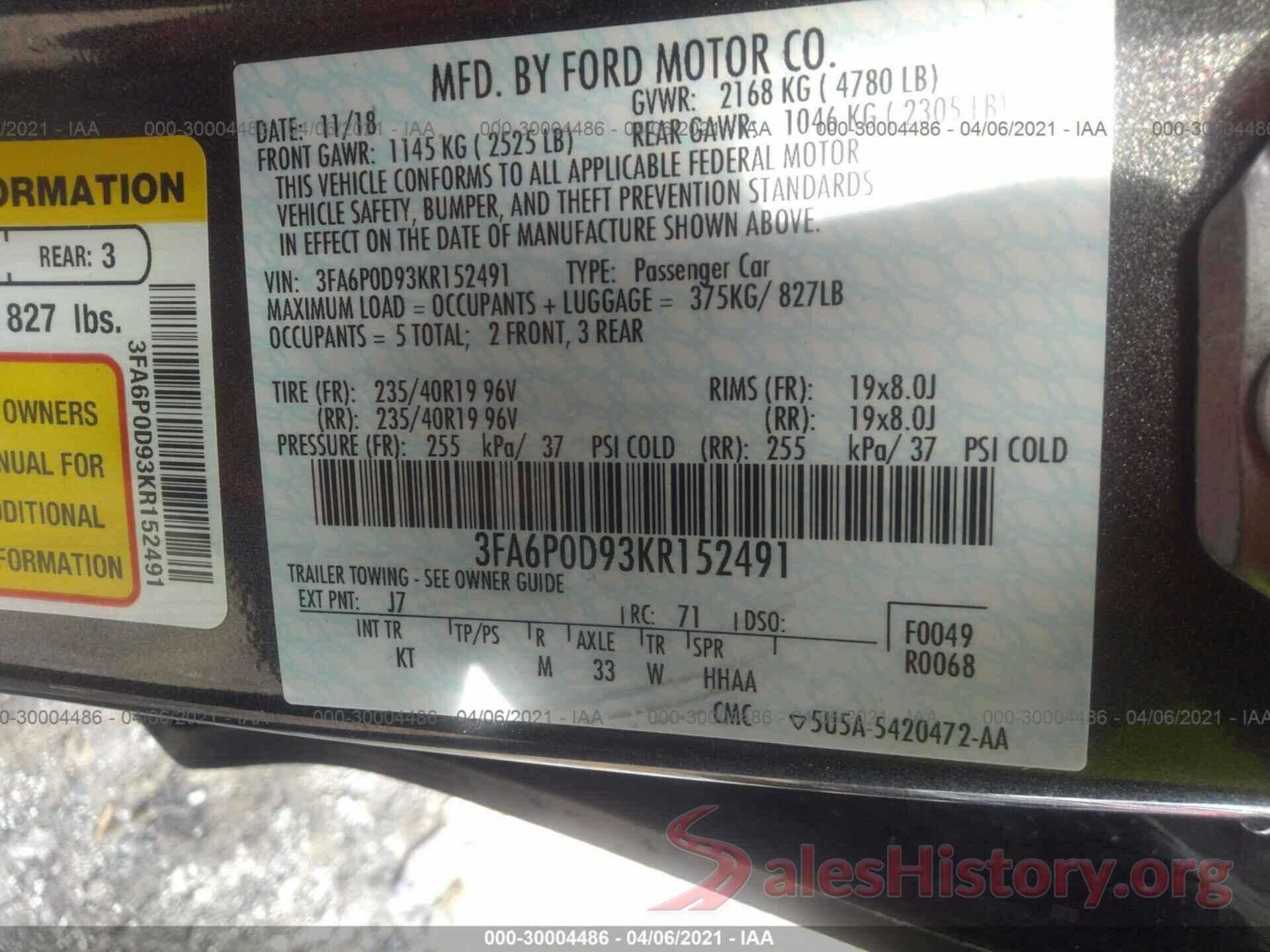 3FA6P0D93KR152491 2019 FORD FUSION