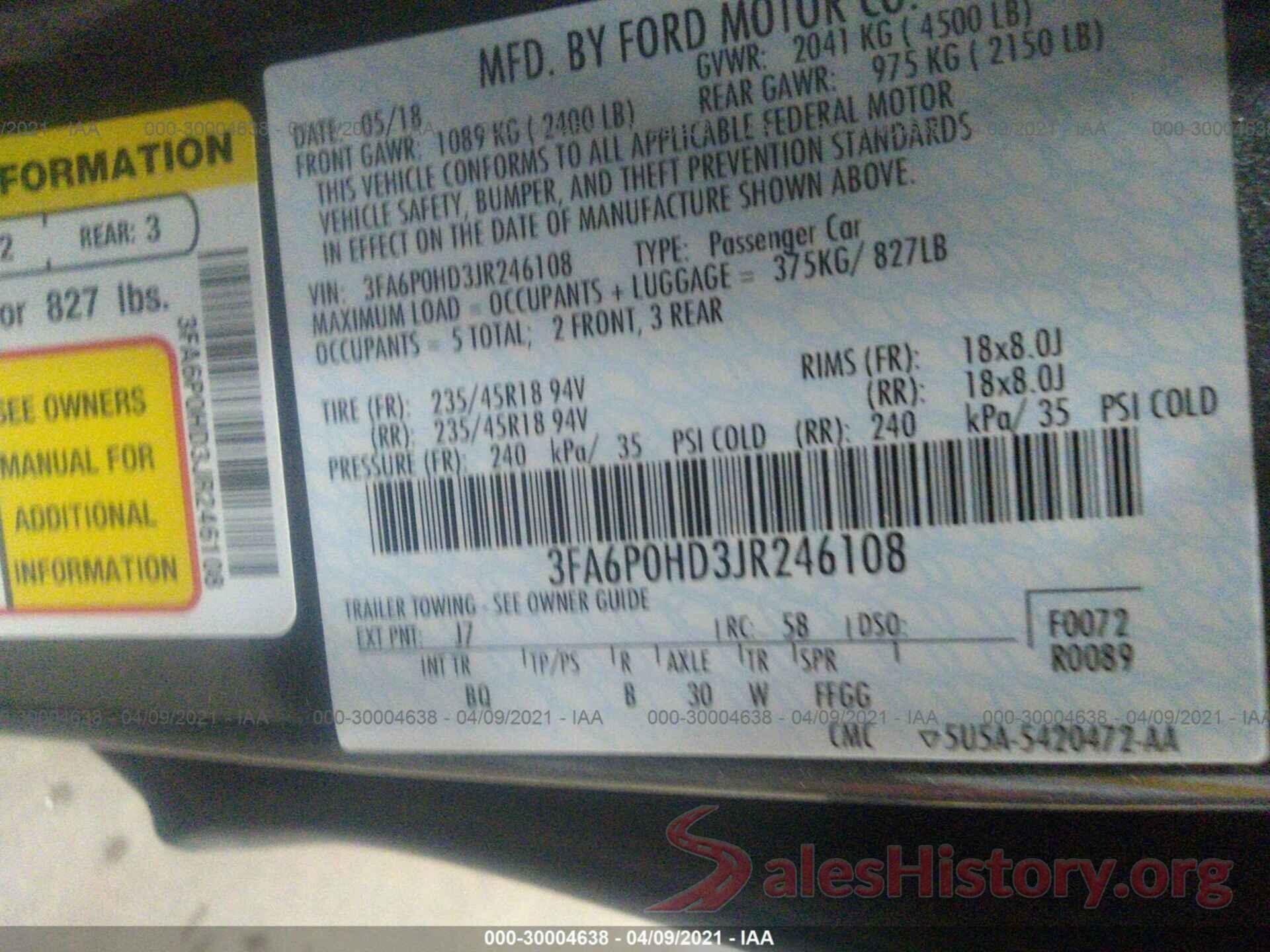 3FA6P0HD3JR246108 2018 FORD FUSION