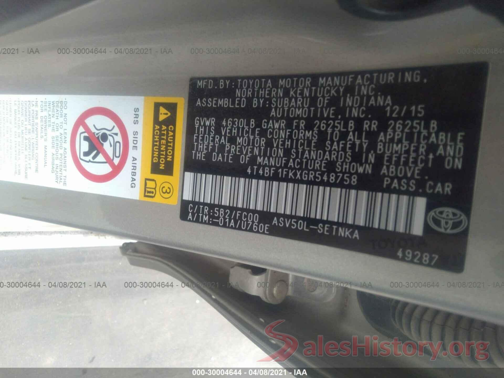 4T4BF1FKXGR548758 2016 TOYOTA CAMRY