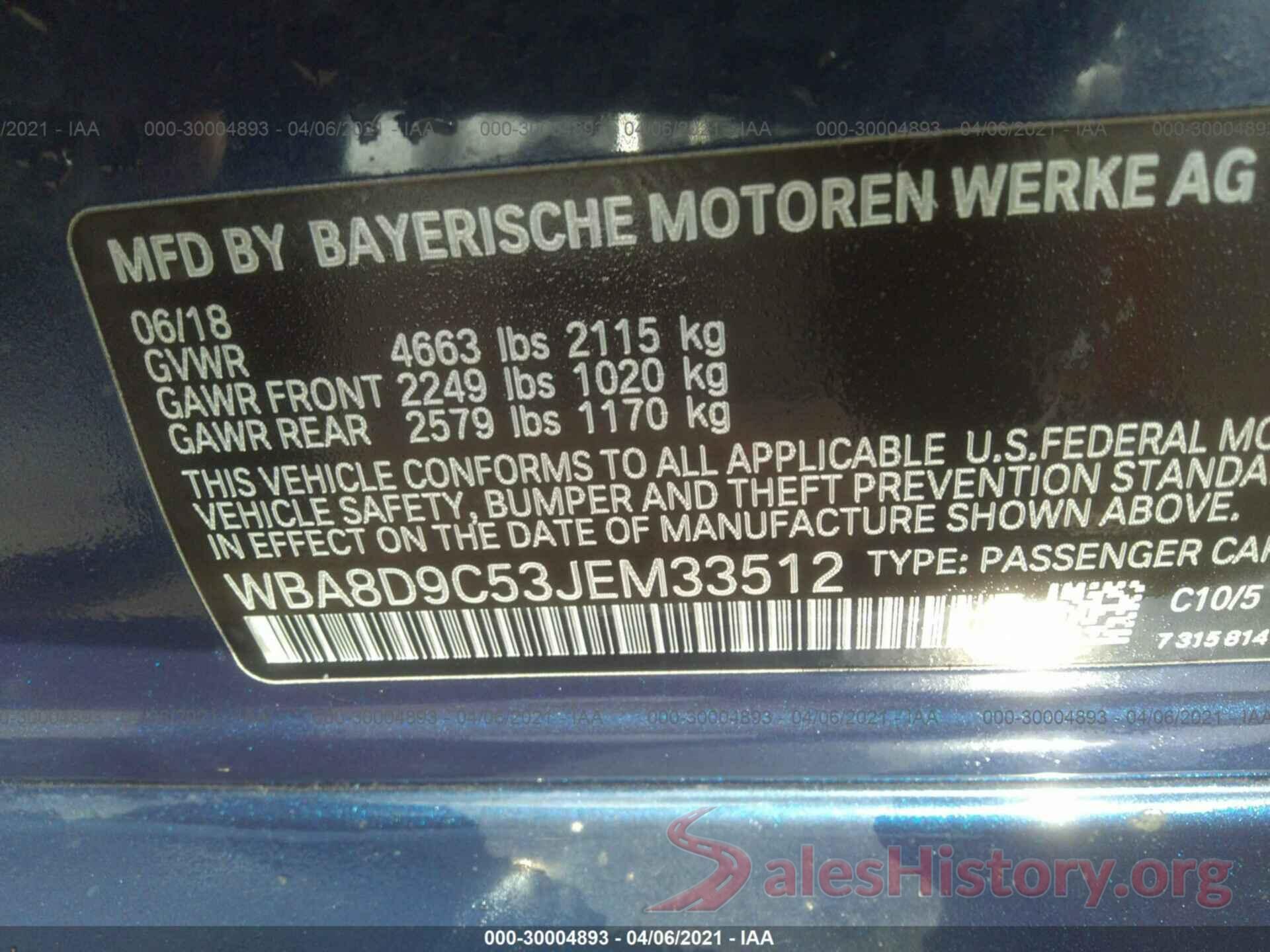 WBA8D9C53JEM33512 2018 BMW 3 SERIES