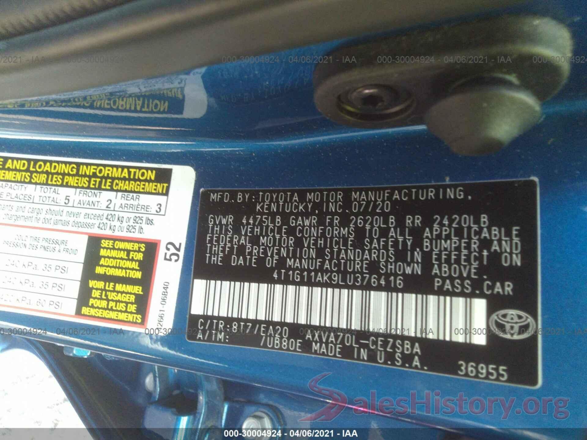 4T1G11AK9LU376416 2020 TOYOTA CAMRY