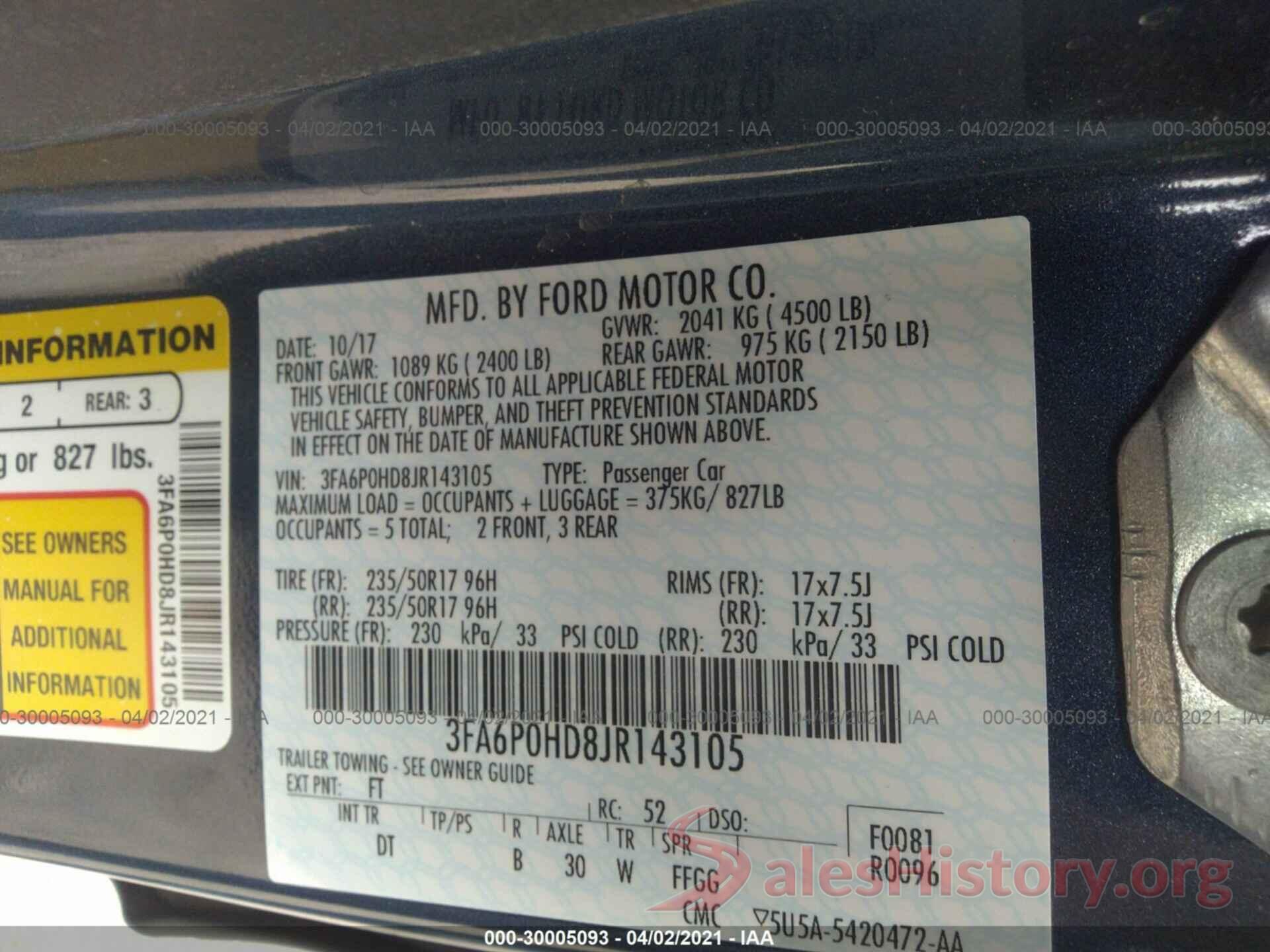 3FA6P0HD8JR143105 2018 FORD FUSION