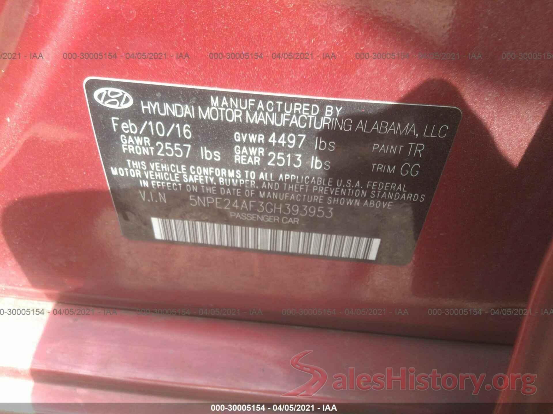 5NPE24AF3GH393953 2016 HYUNDAI SONATA