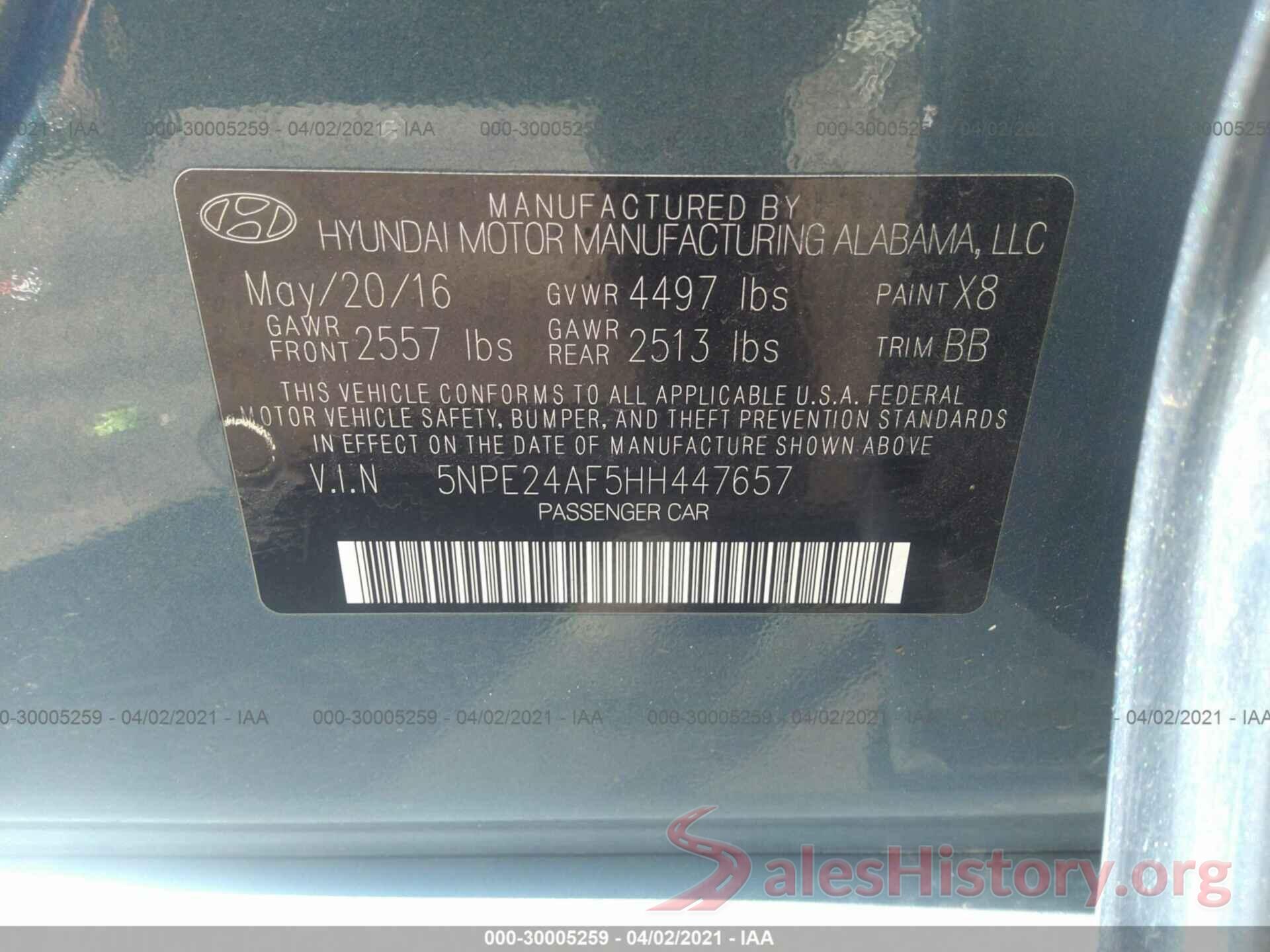 5NPE24AF5HH447657 2017 HYUNDAI SONATA