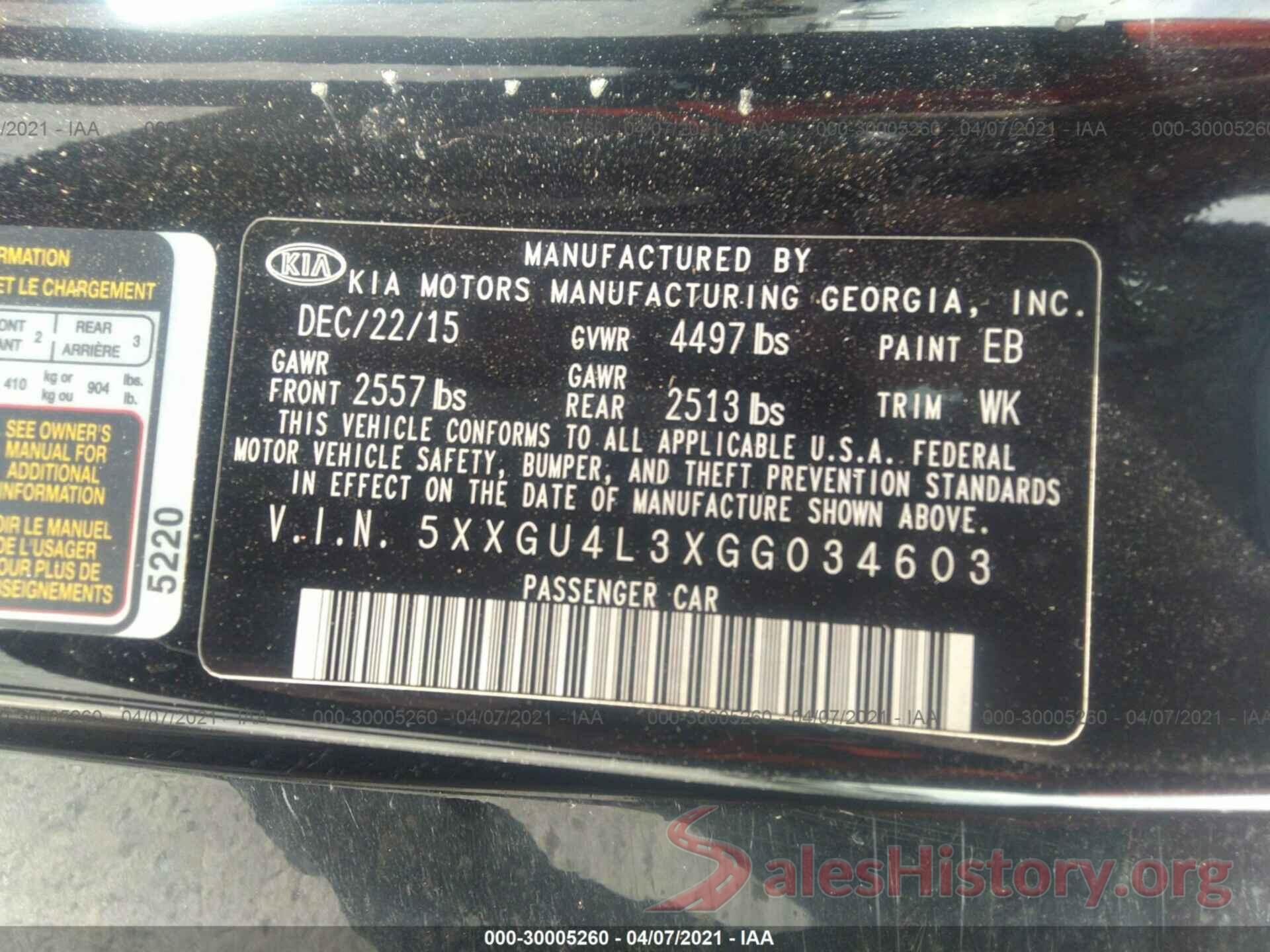 5XXGU4L3XGG034603 2016 KIA OPTIMA