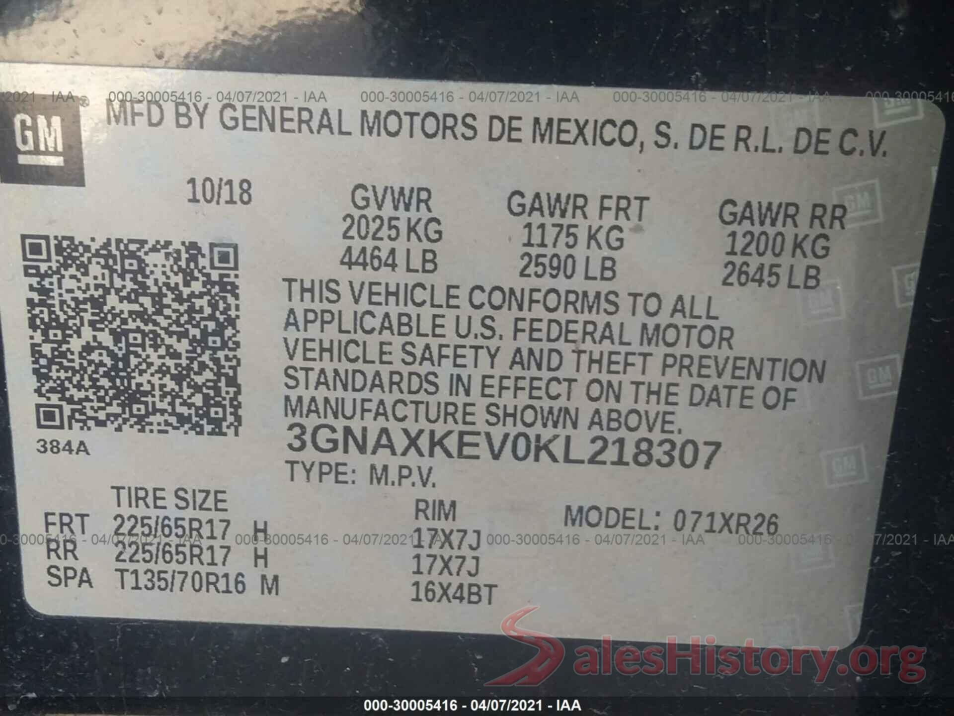 3GNAXKEV0KL218307 2019 CHEVROLET EQUINOX