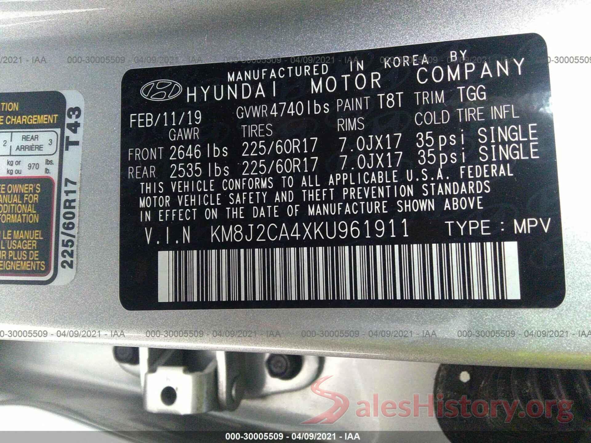 KM8J2CA4XKU961911 2019 HYUNDAI TUCSON