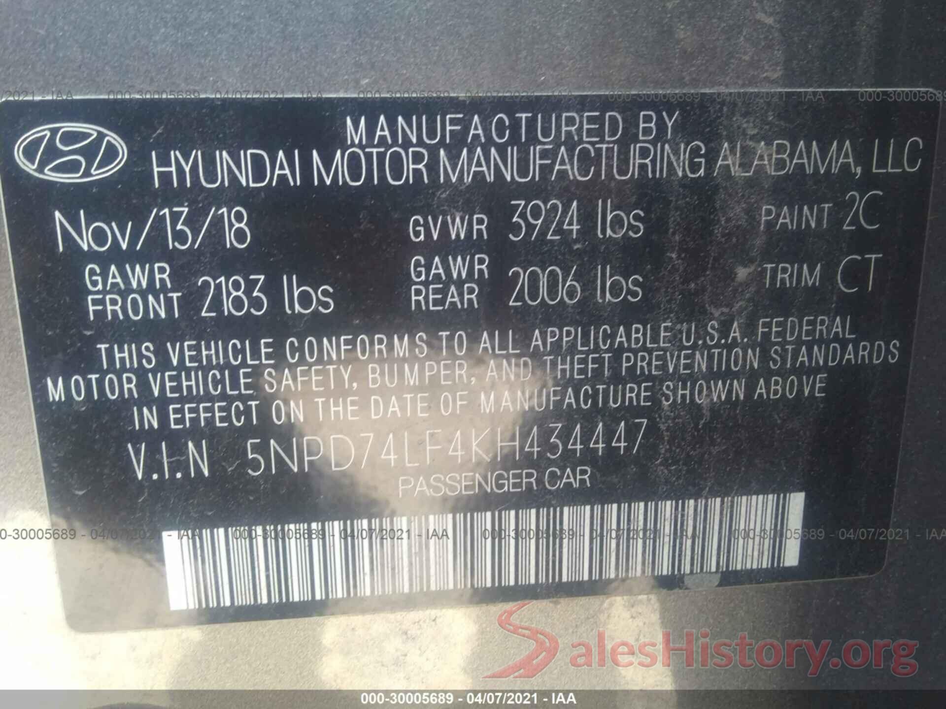 5NPD74LF4KH434447 2019 HYUNDAI ELANTRA