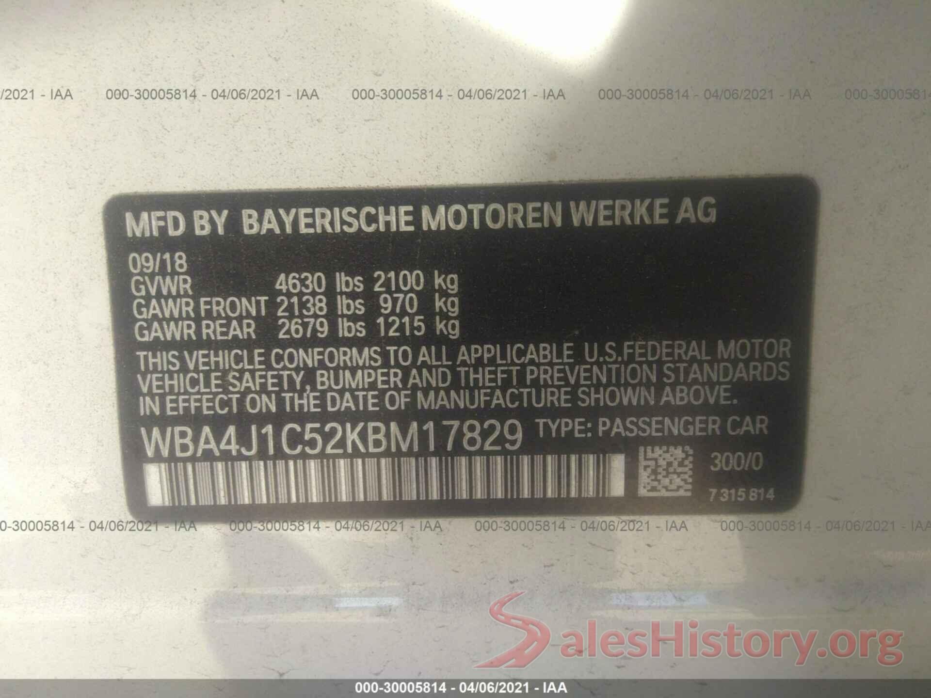 WBA4J1C52KBM17829 2019 BMW 4 SERIES