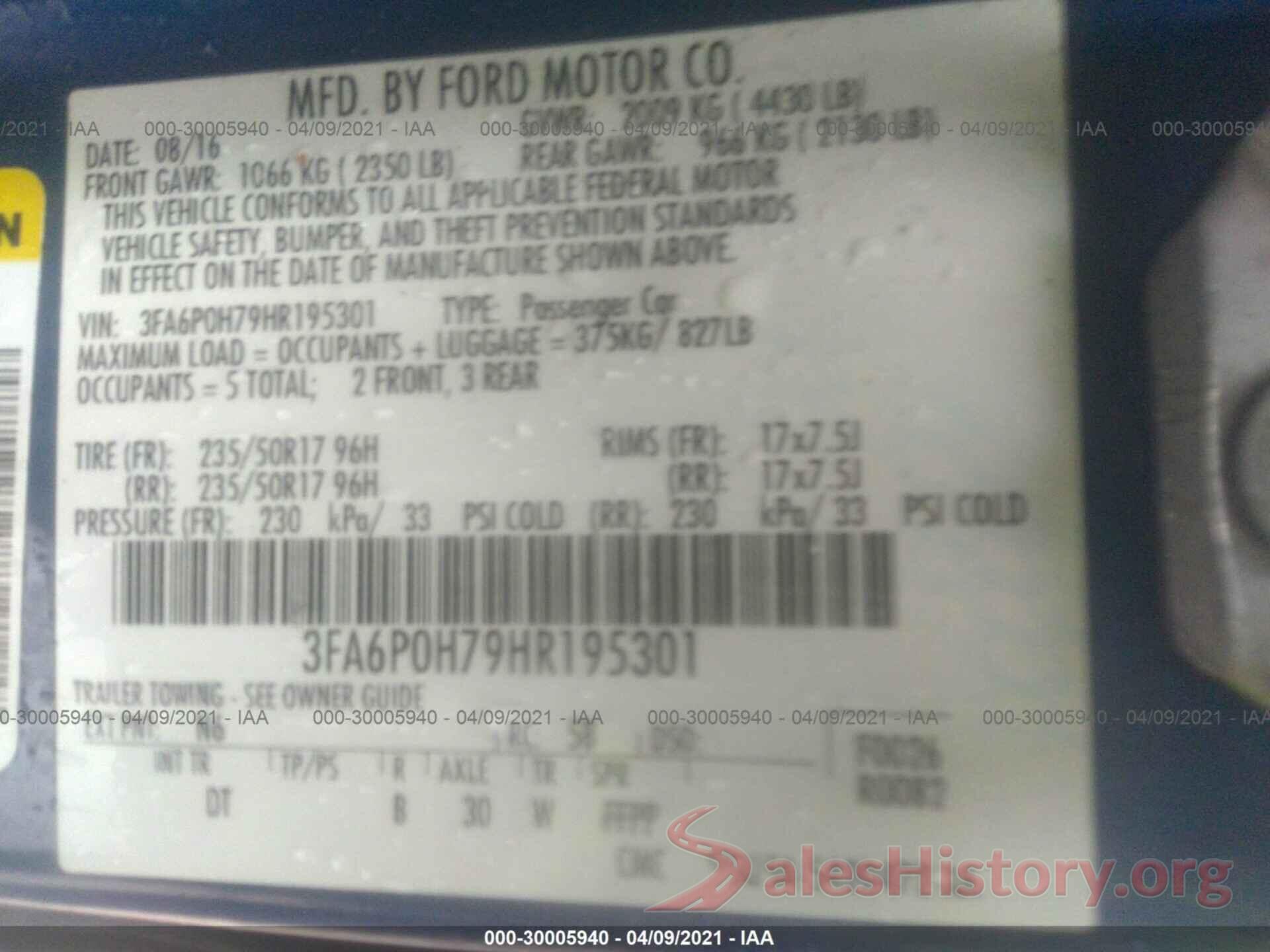 3FA6P0H79HR195301 2017 FORD FUSION