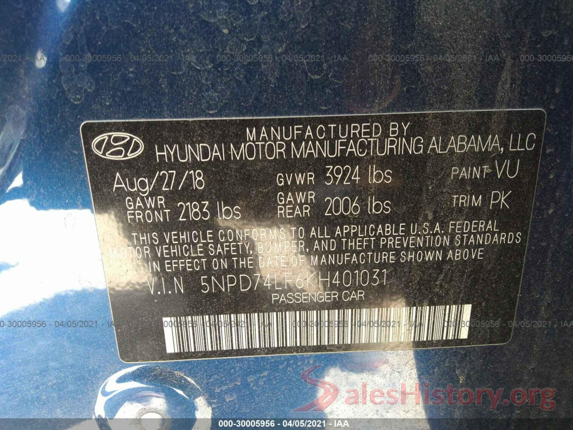 5NPD74LF6KH401031 2019 HYUNDAI ELANTRA