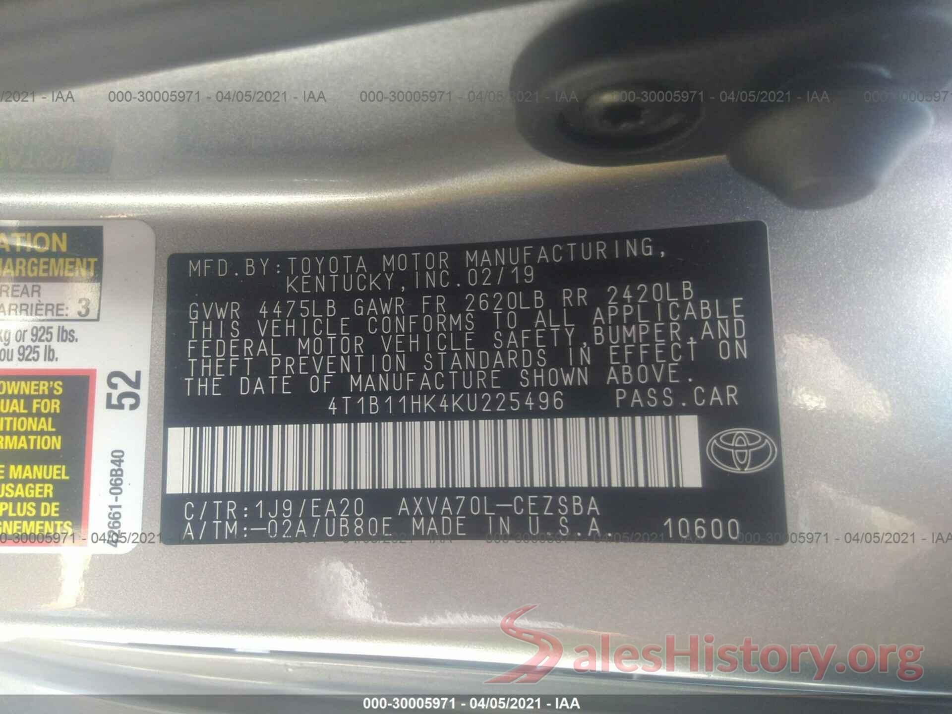 4T1B11HK4KU225496 2019 TOYOTA CAMRY