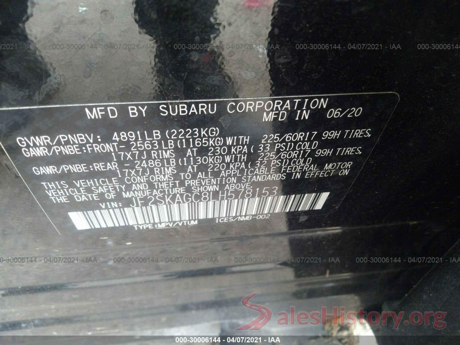 JF2SKAGC8LH578153 2020 SUBARU FORESTER