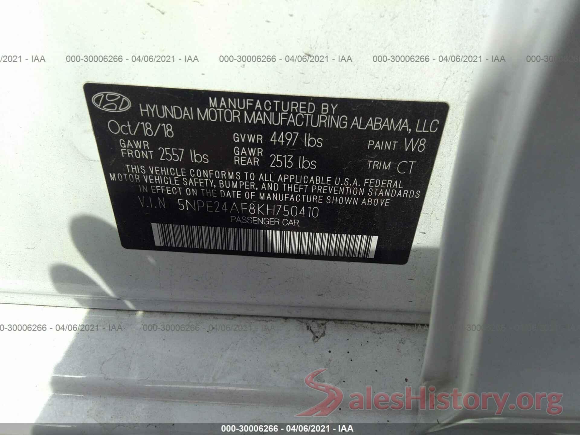 5NPE24AF8KH750410 2019 HYUNDAI SONATA