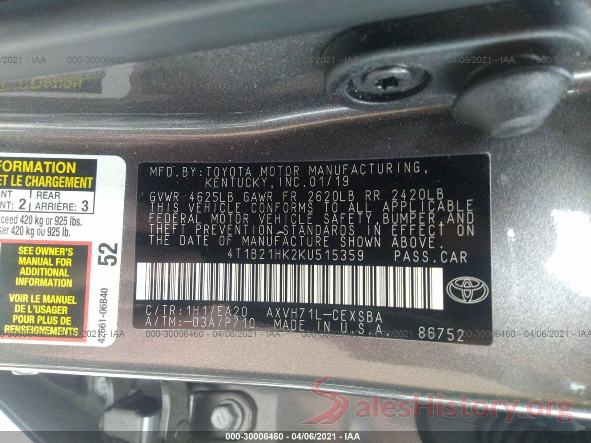 4T1B21HK2KU515359 2019 TOYOTA CAMRY