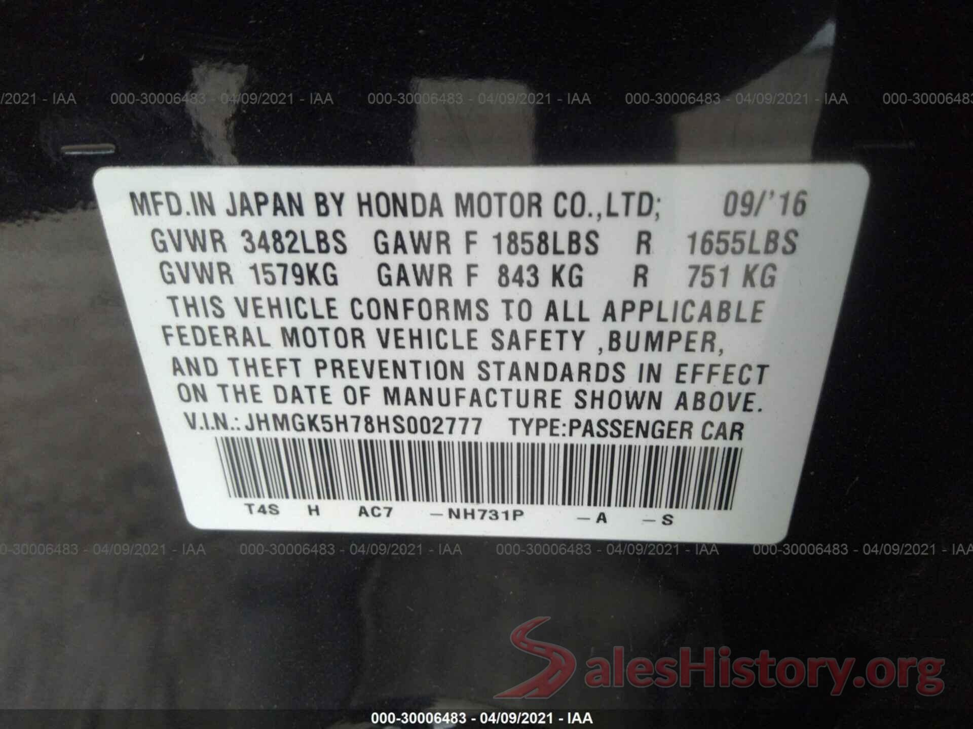 JHMGK5H78HS002777 2017 HONDA FIT