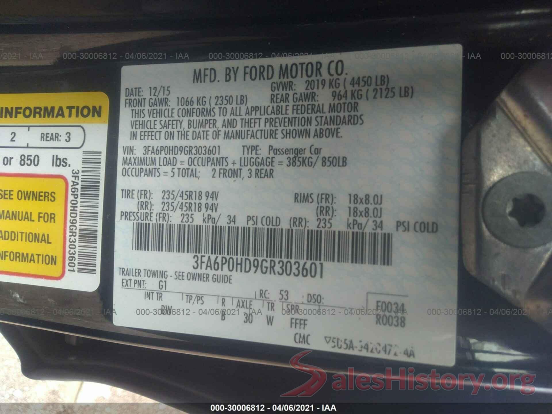 3FA6P0HD9GR303601 2016 FORD FUSION