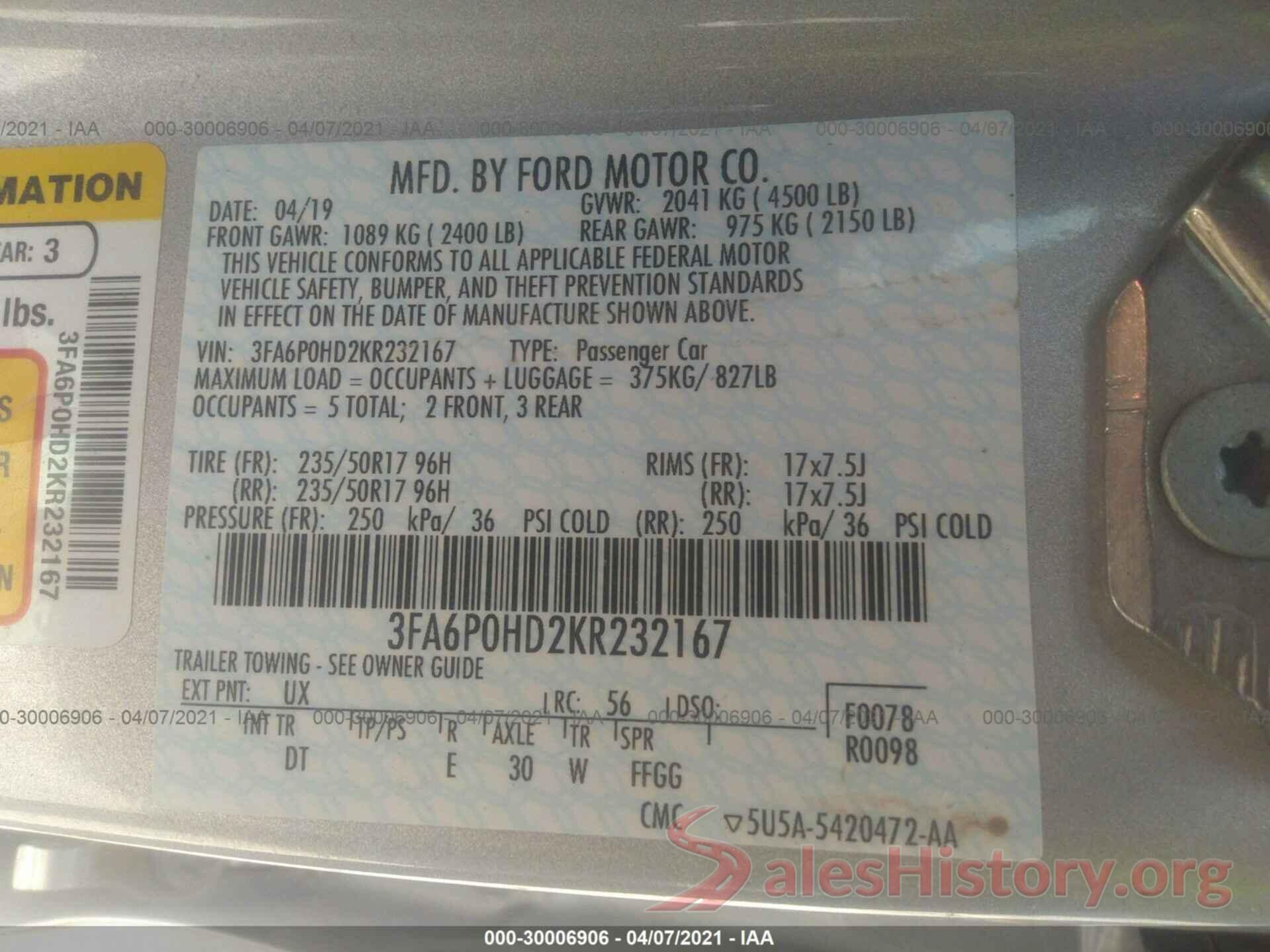 3FA6P0HD2KR232167 2019 FORD FUSION