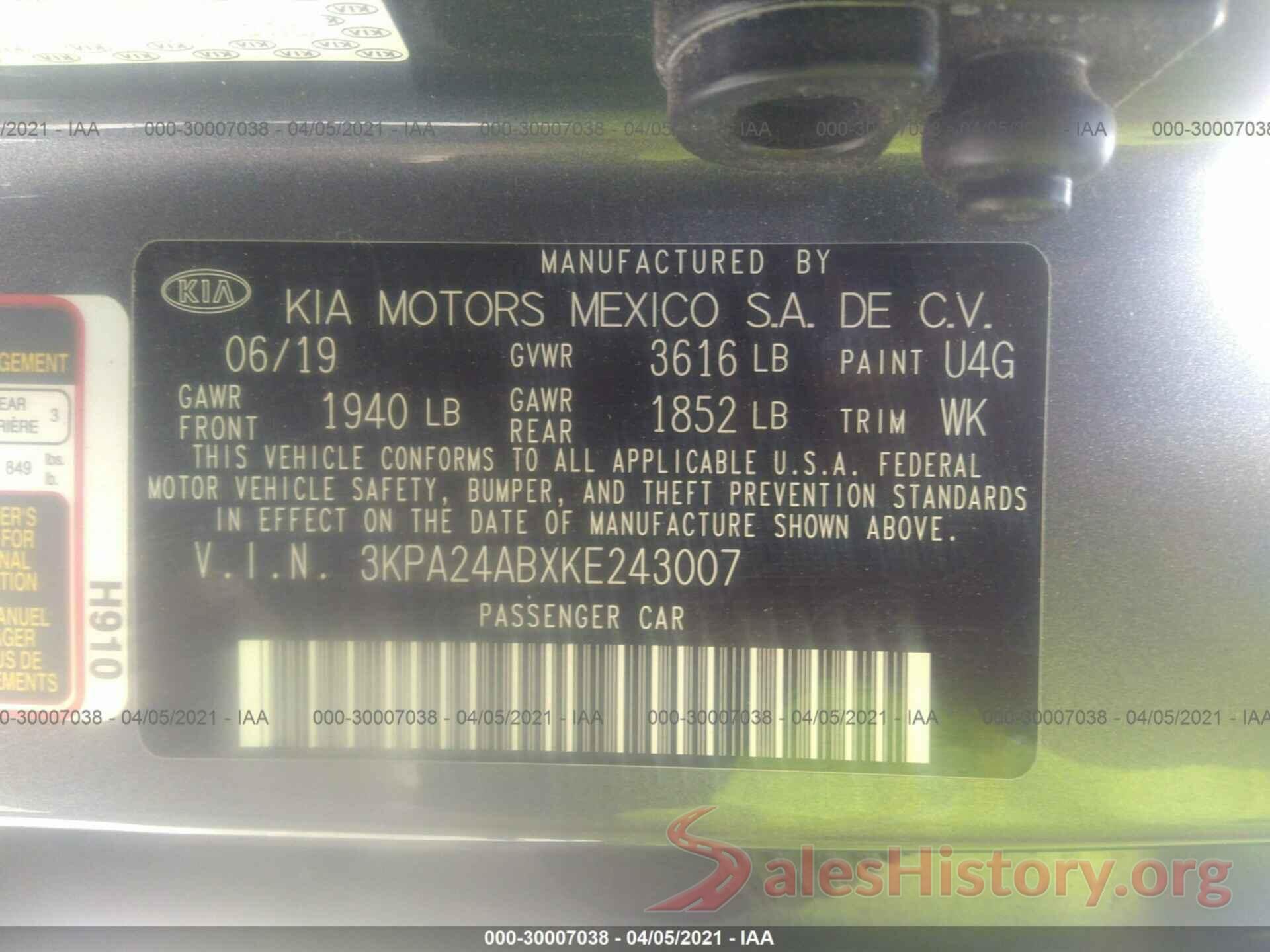 3KPA24ABXKE243007 2019 KIA RIO