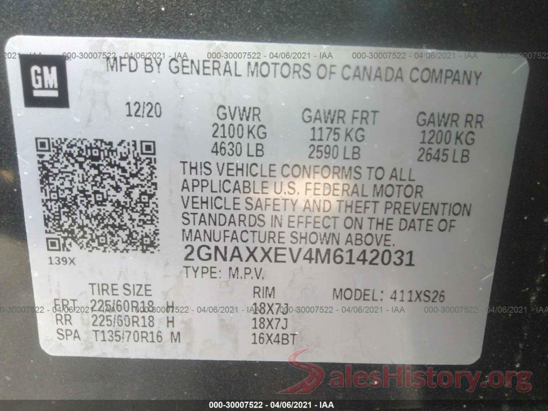 2GNAXXEV4M6142031 2021 CHEVROLET EQUINOX