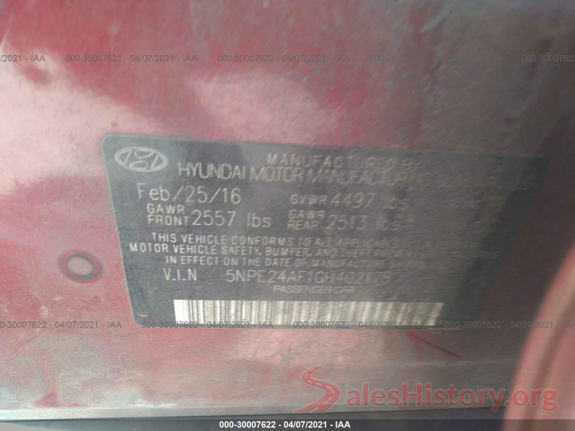 5NPE24AF1GH402178 2016 HYUNDAI SONATA