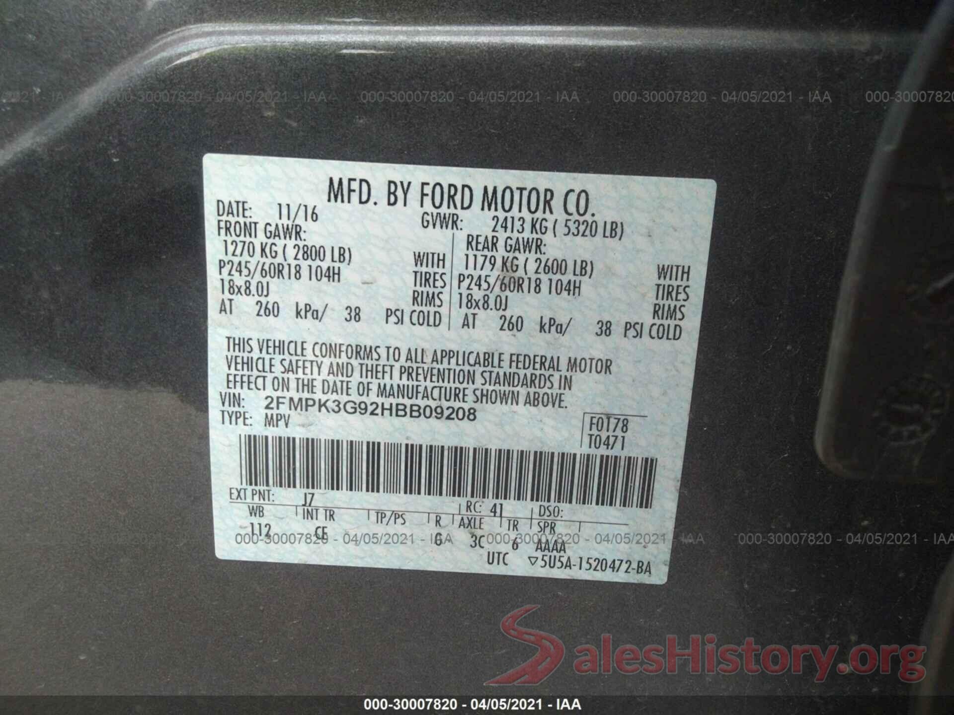 2FMPK3G92HBB09208 2017 FORD EDGE