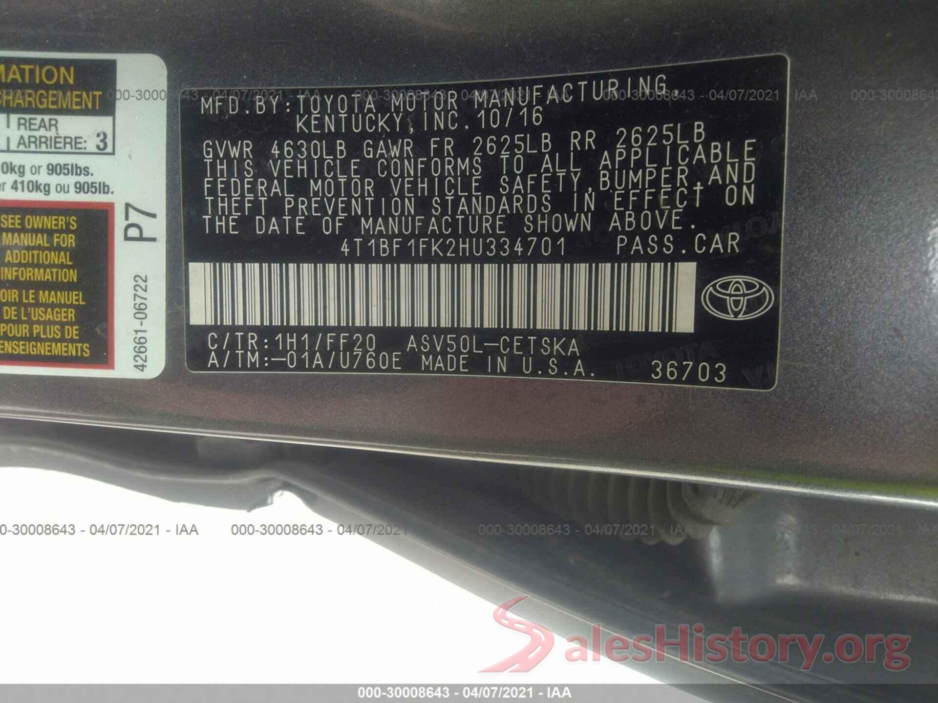 4T1BF1FK2HU334701 2017 TOYOTA CAMRY