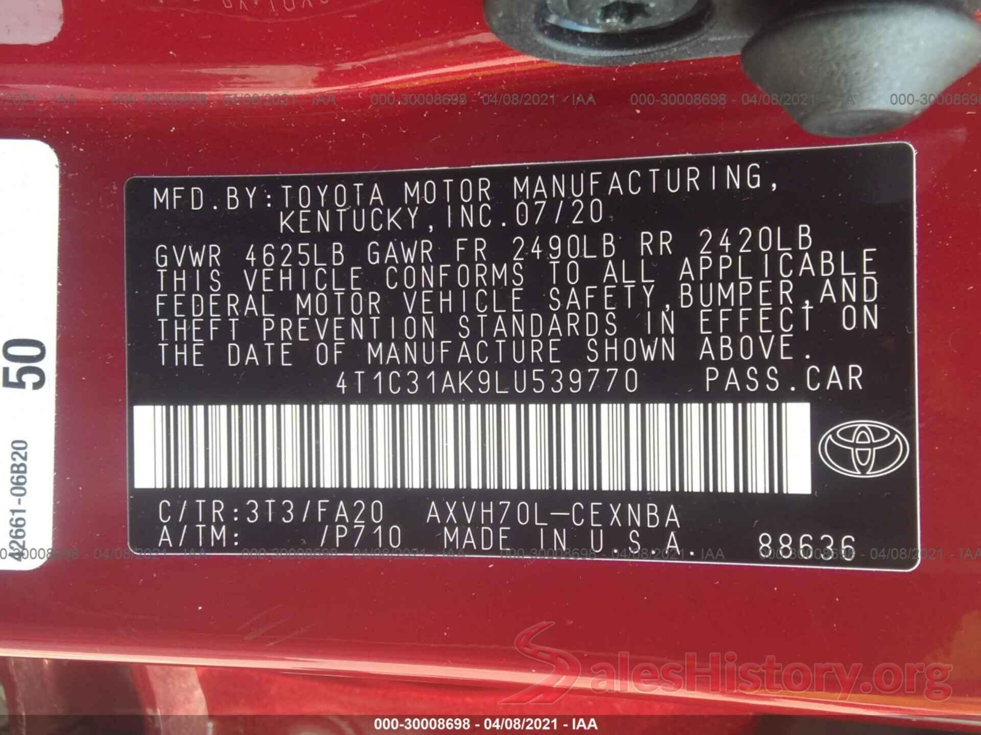 4T1C31AK9LU539770 2020 TOYOTA CAMRY