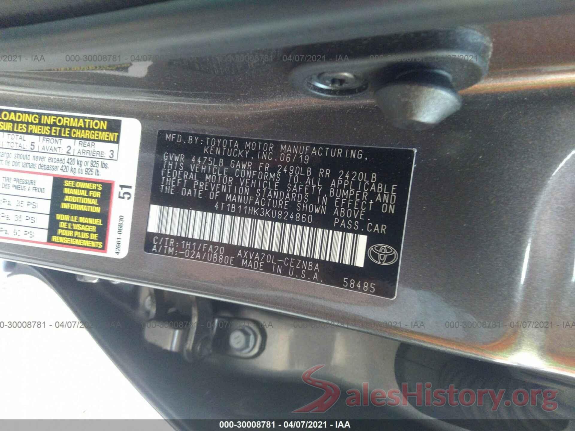 4T1B11HK3KU824860 2019 TOYOTA CAMRY